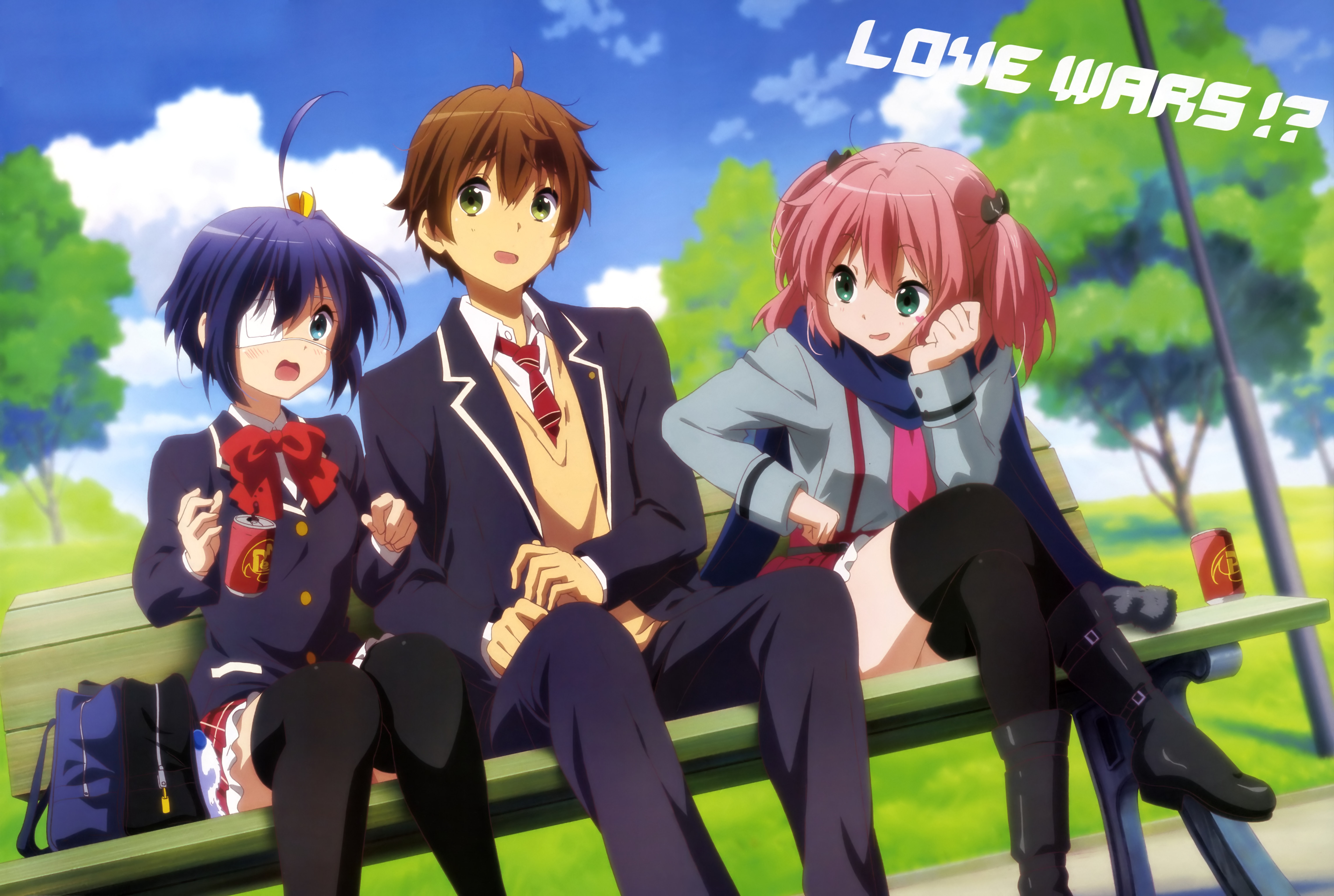 Yūta Togashi and friends on a bench HD Wallpaper