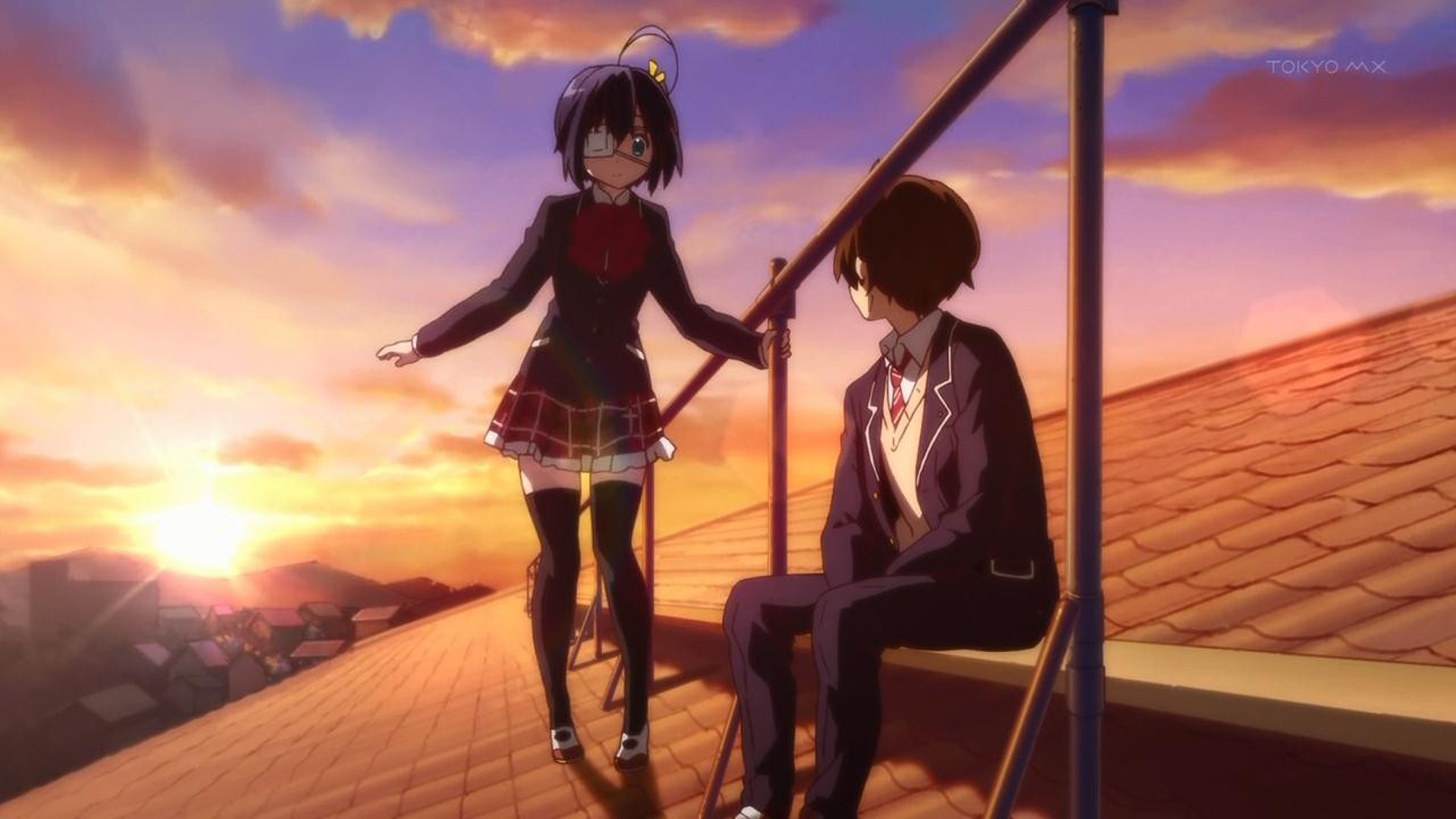 Rikka Takanashi and Yūta Togashi on a rooftop HD Wallpaper