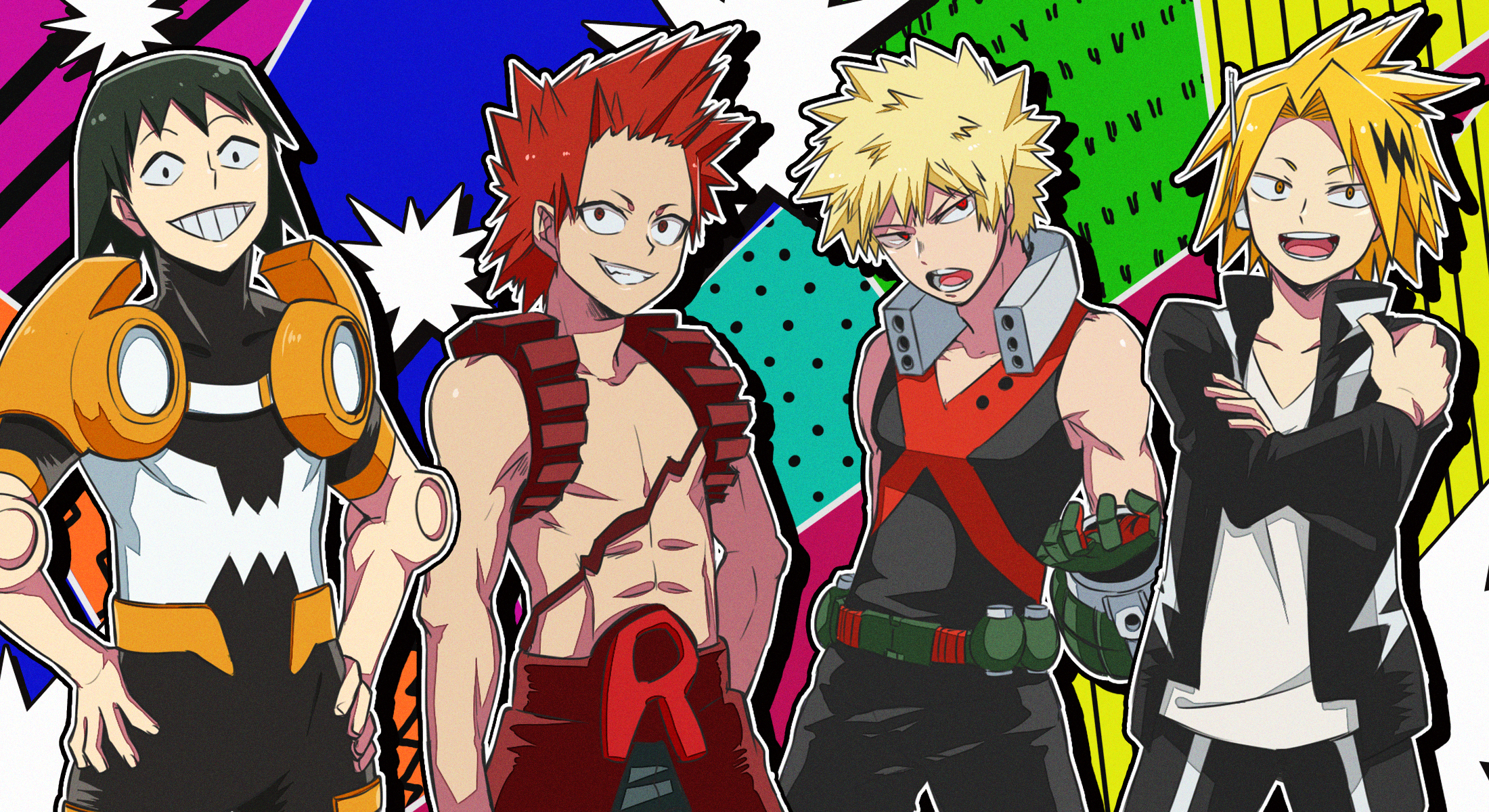 Four male anime characters in colorful outfits HD Wallpaper
