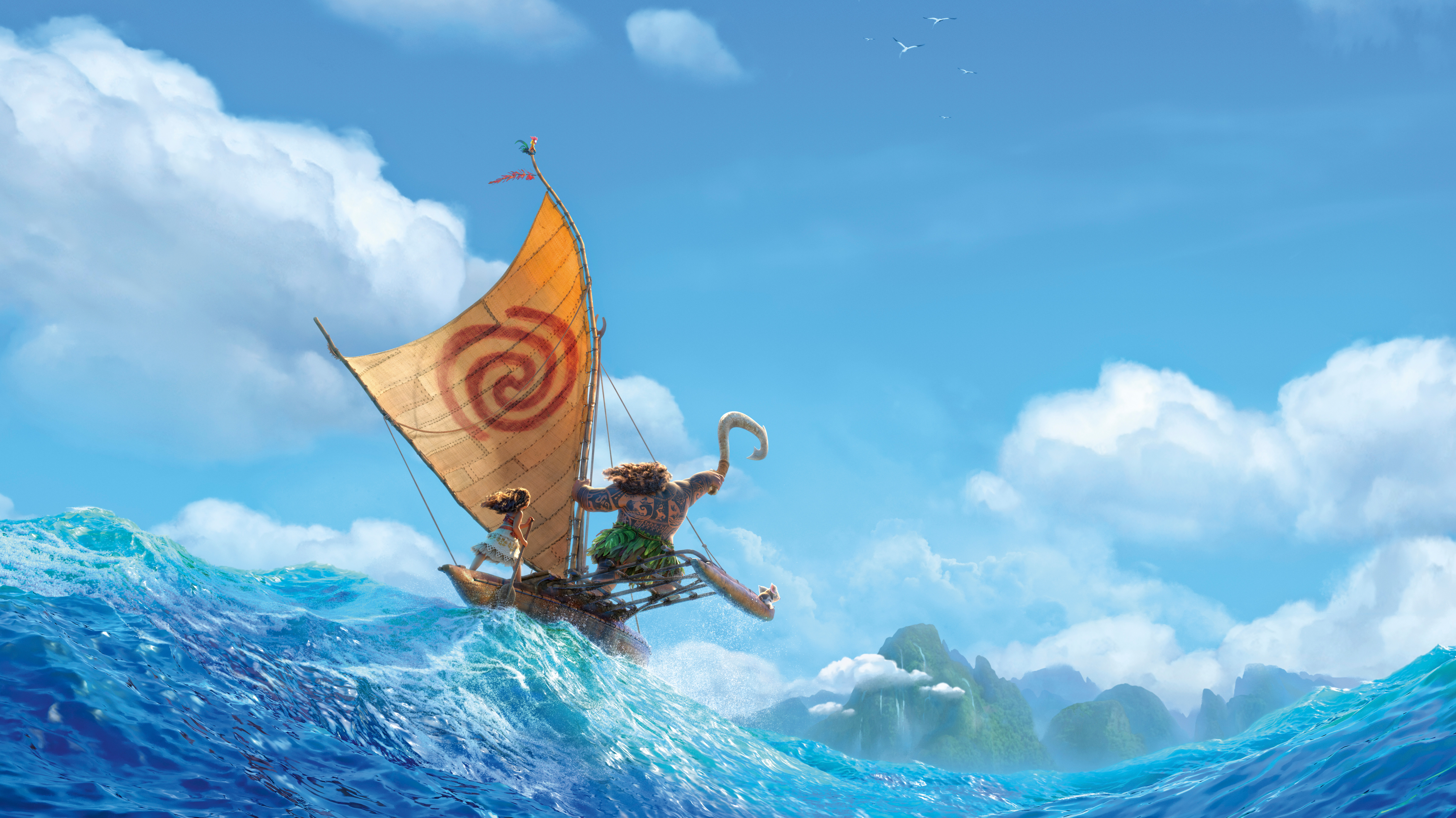Moana and Maui sailing on a boat HD Wallpaper