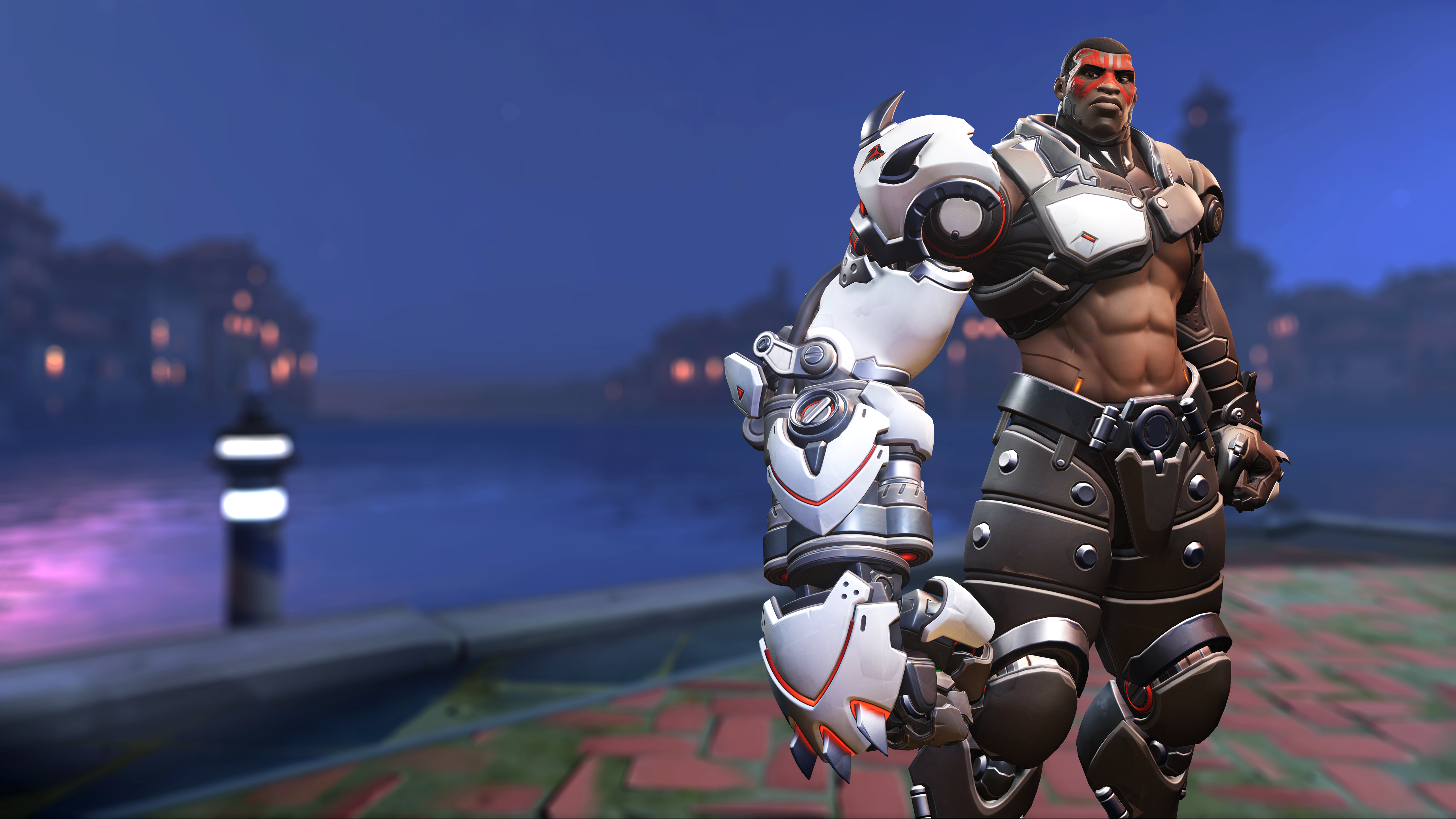 Doomfist from Overwatch standing by a canal at night HD Wallpaper