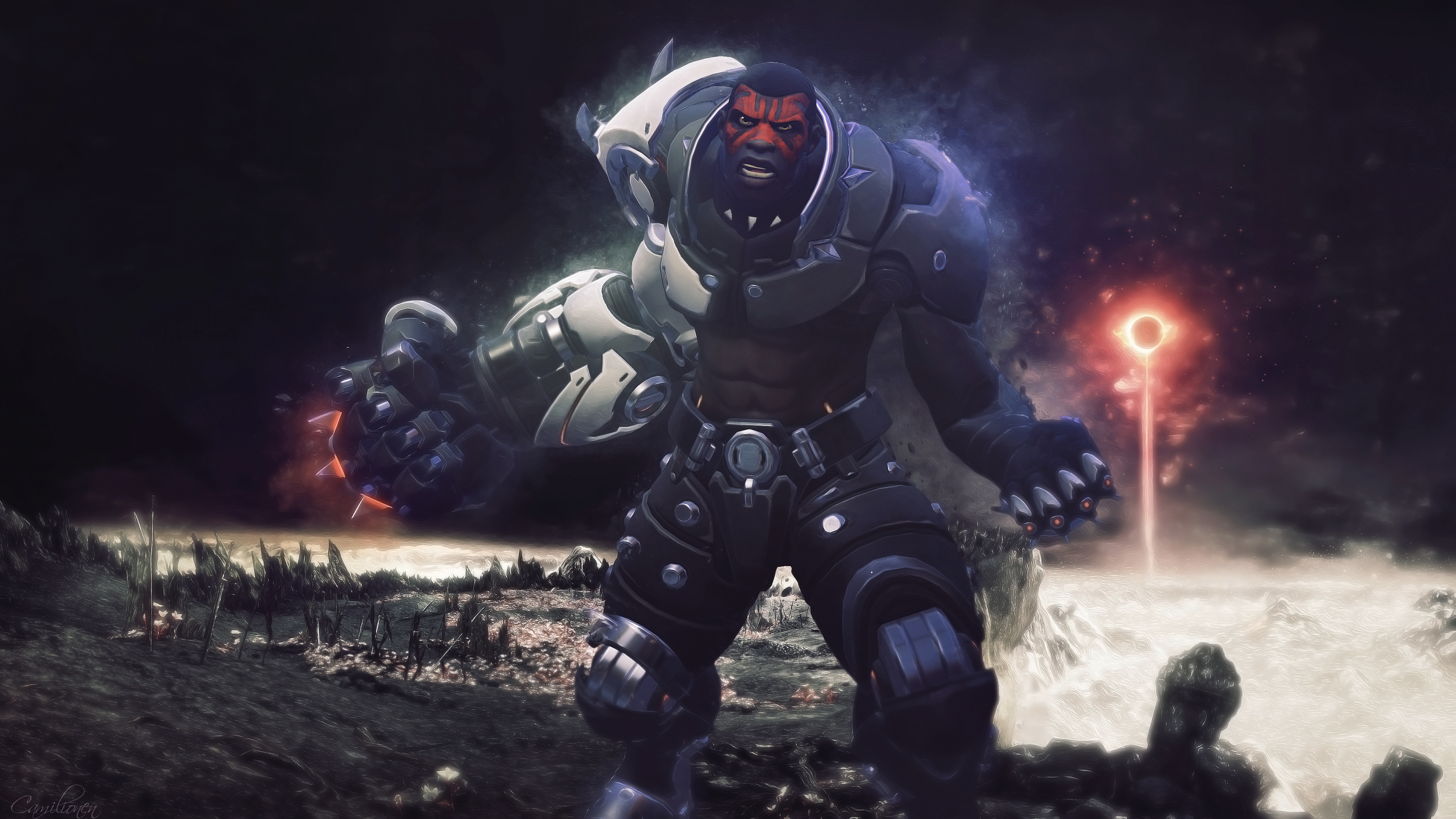 Doomfist from Overwatch in a dark landscape HD Wallpaper