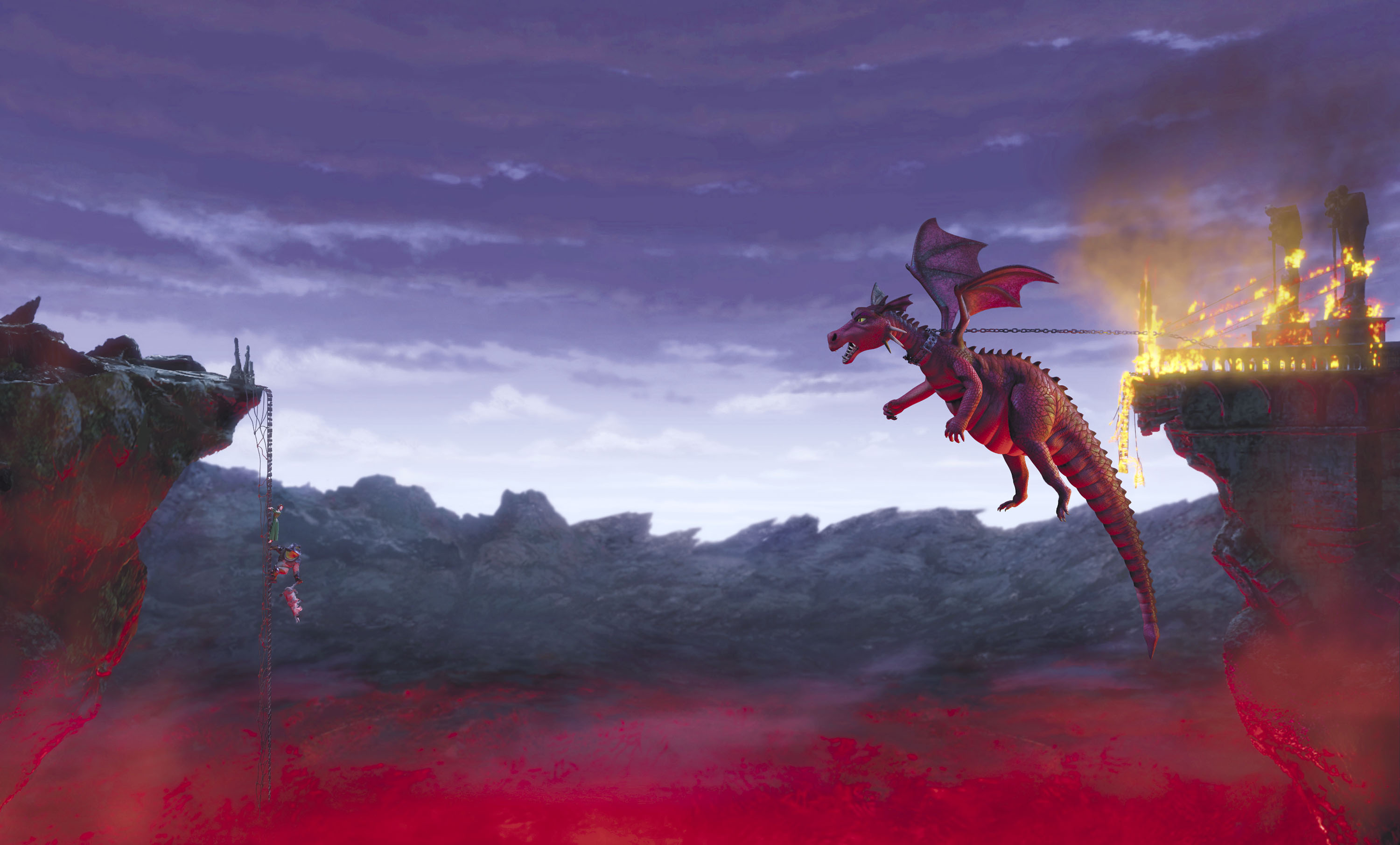 Dragon chained to a burning castle HD Wallpaper