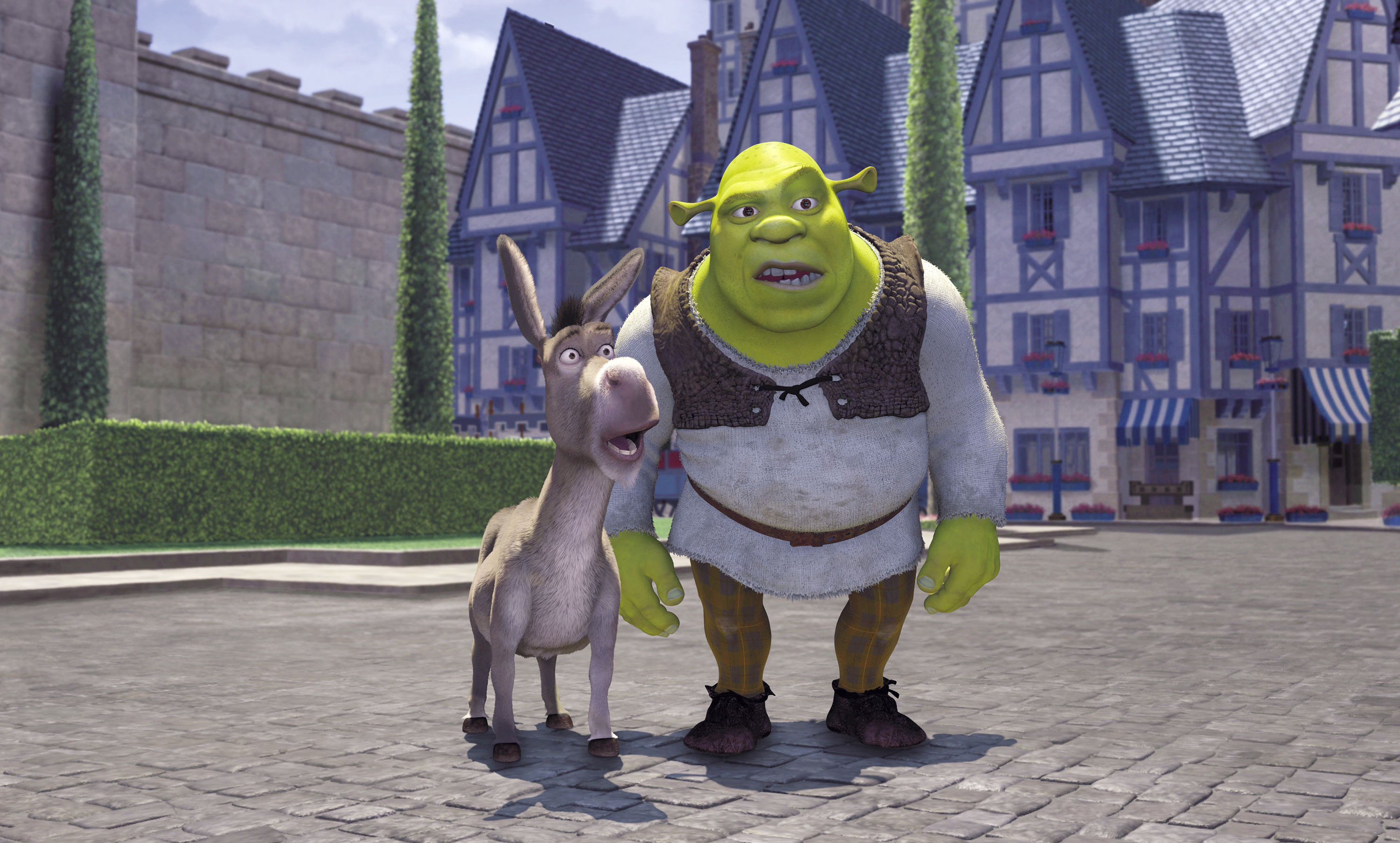 Shrek and Donkey in a town square HD Wallpaper