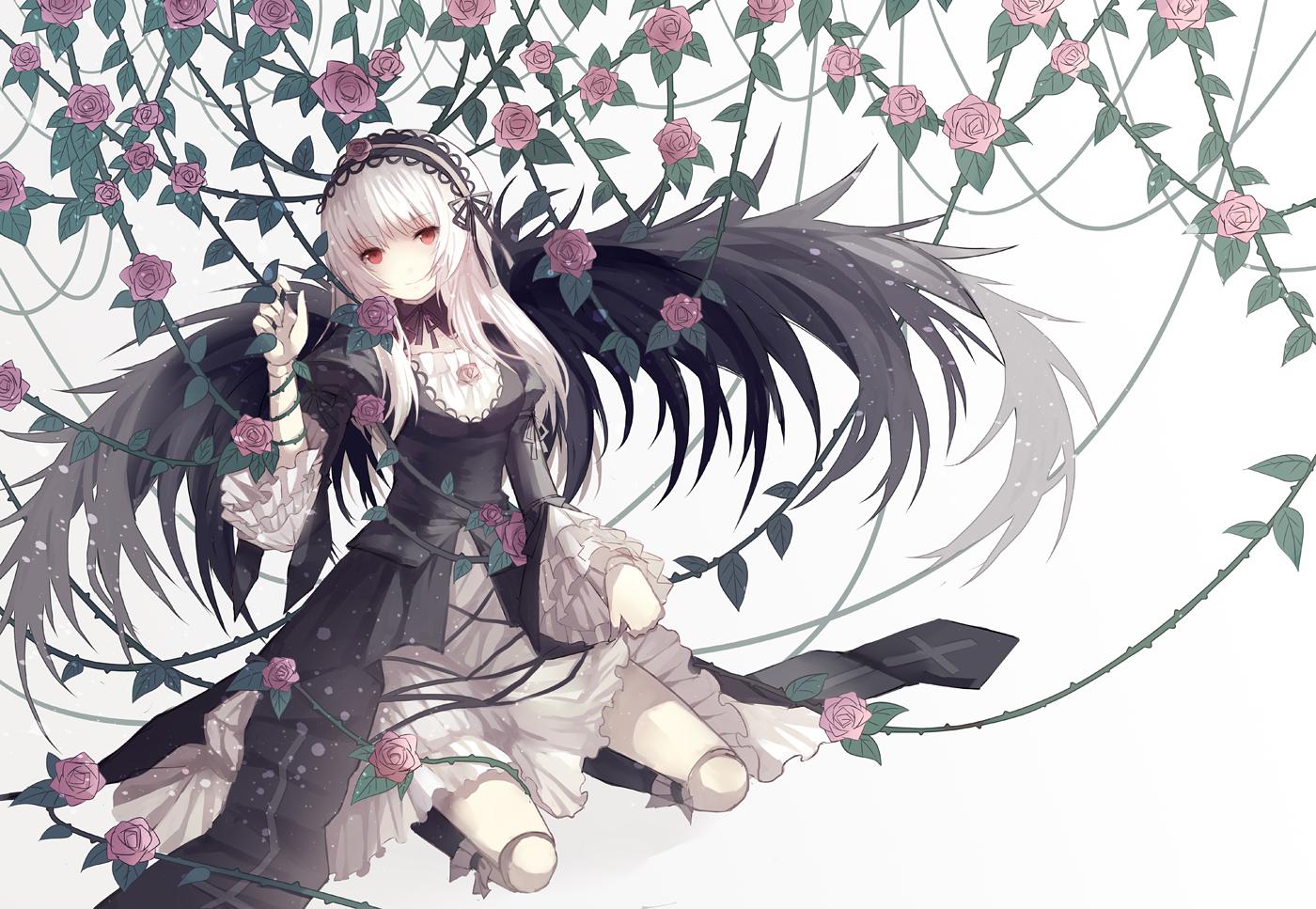 Suigintou from Rozen Maiden with black wings and roses HD Wallpaper