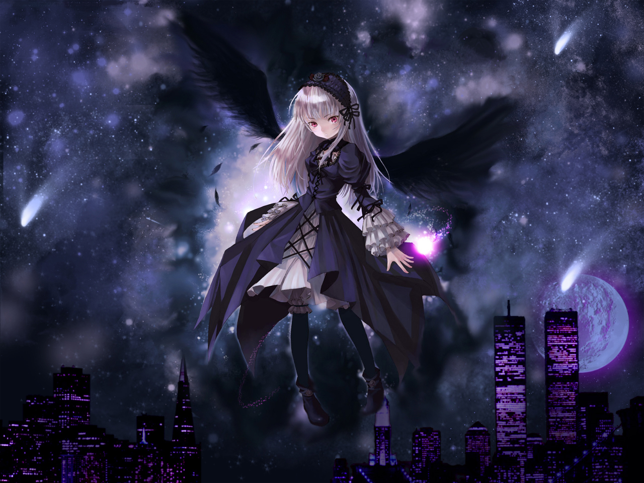 Suigintou from Rozen Maiden in a dark fantasy city HD Wallpaper