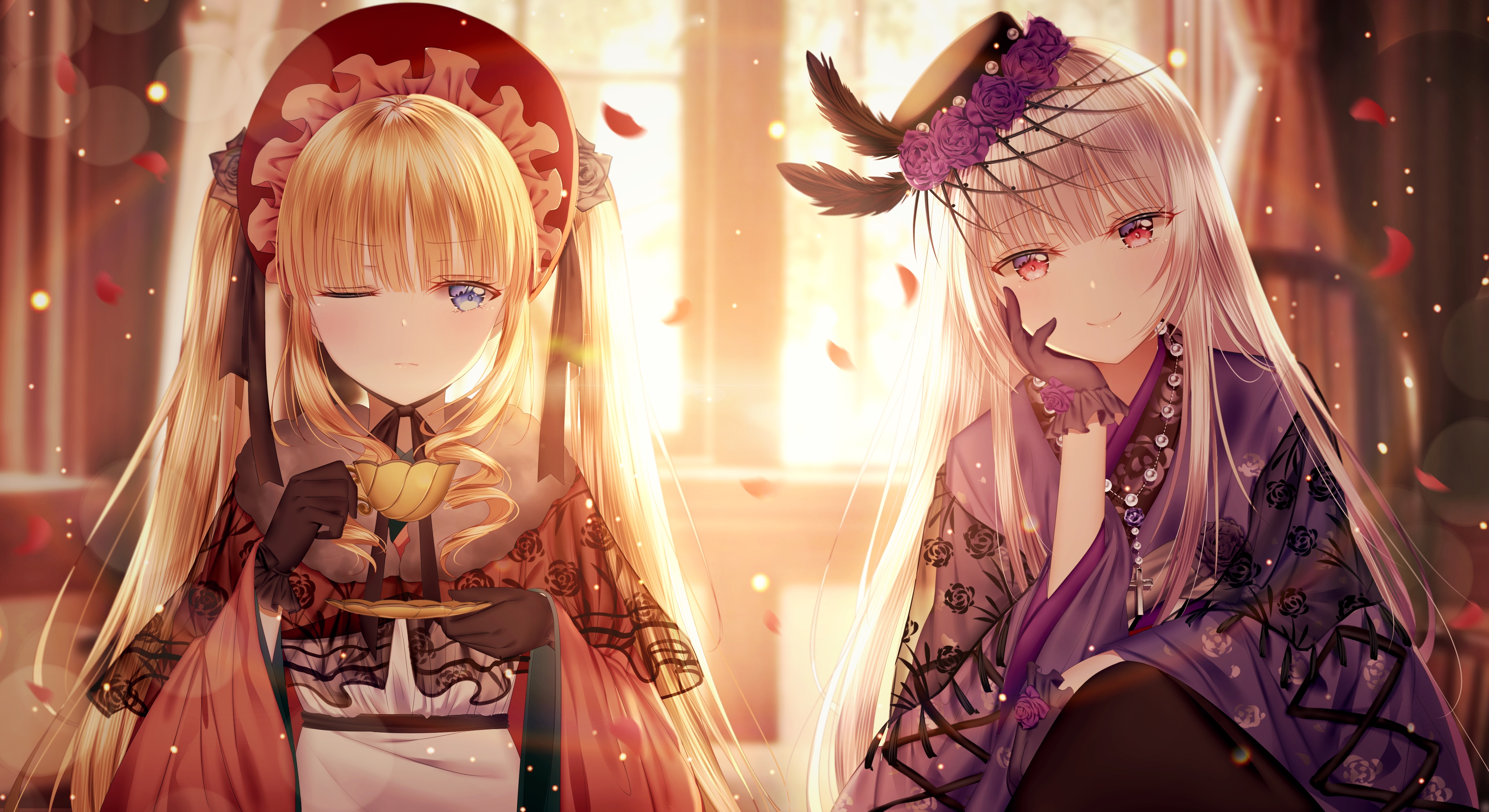 Two anime girls in Victorian dresses HD Wallpaper