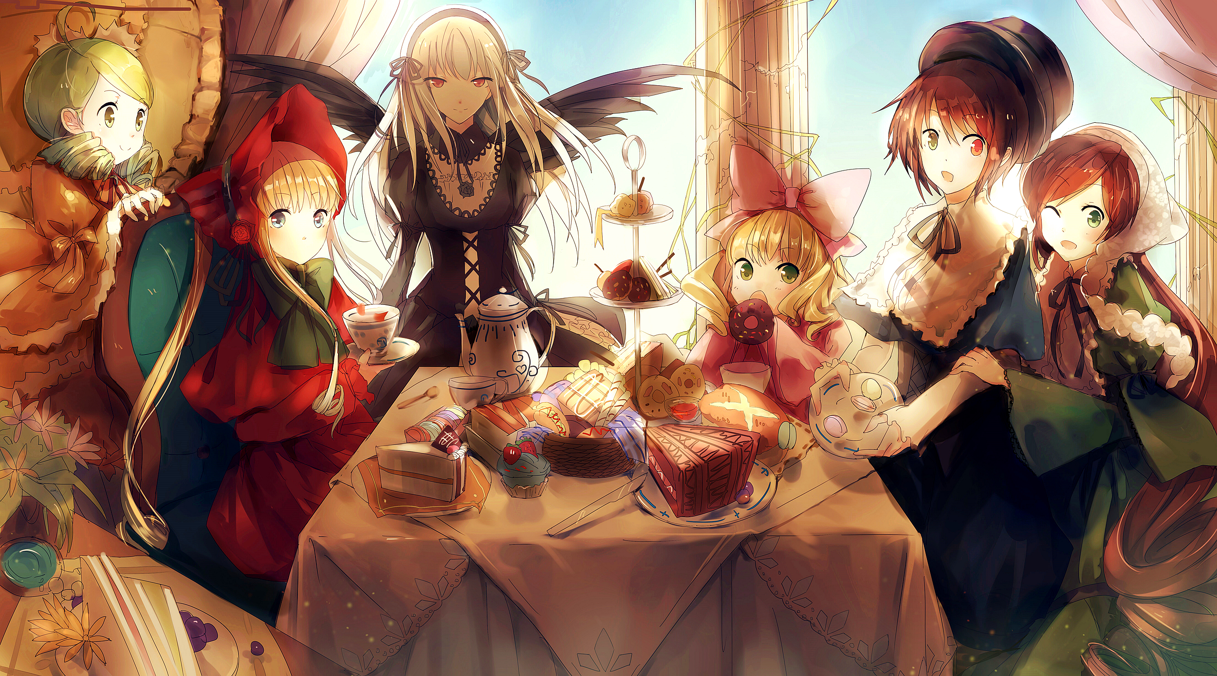 Anime girls having a tea party with sweets HD Wallpaper