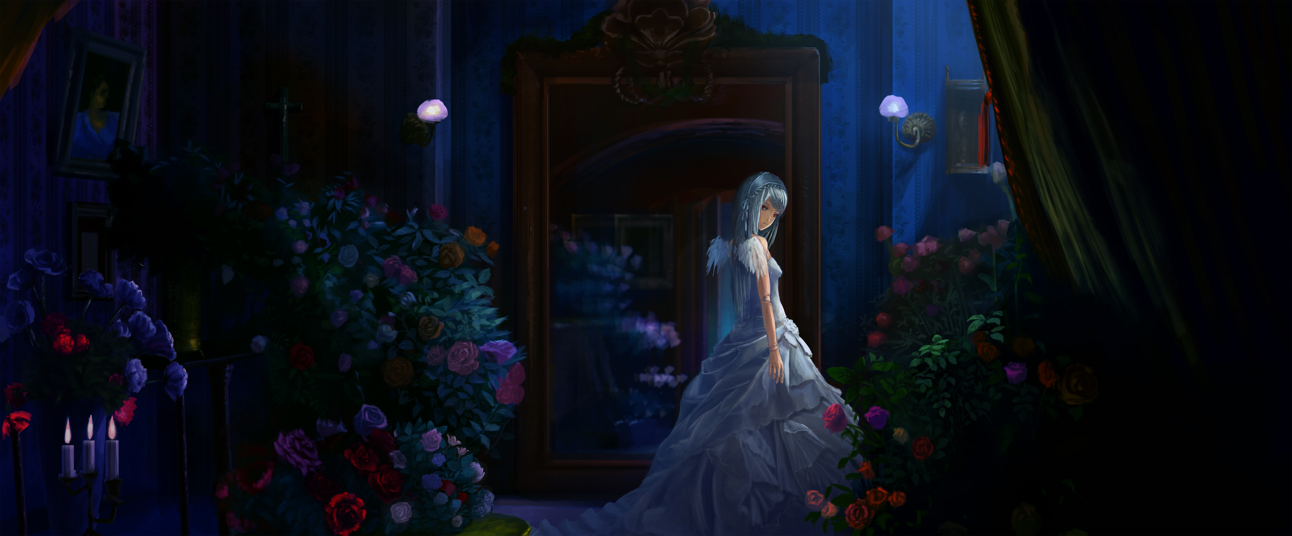 Suigintou from Rozen Maiden in a dark room with roses HD Wallpaper