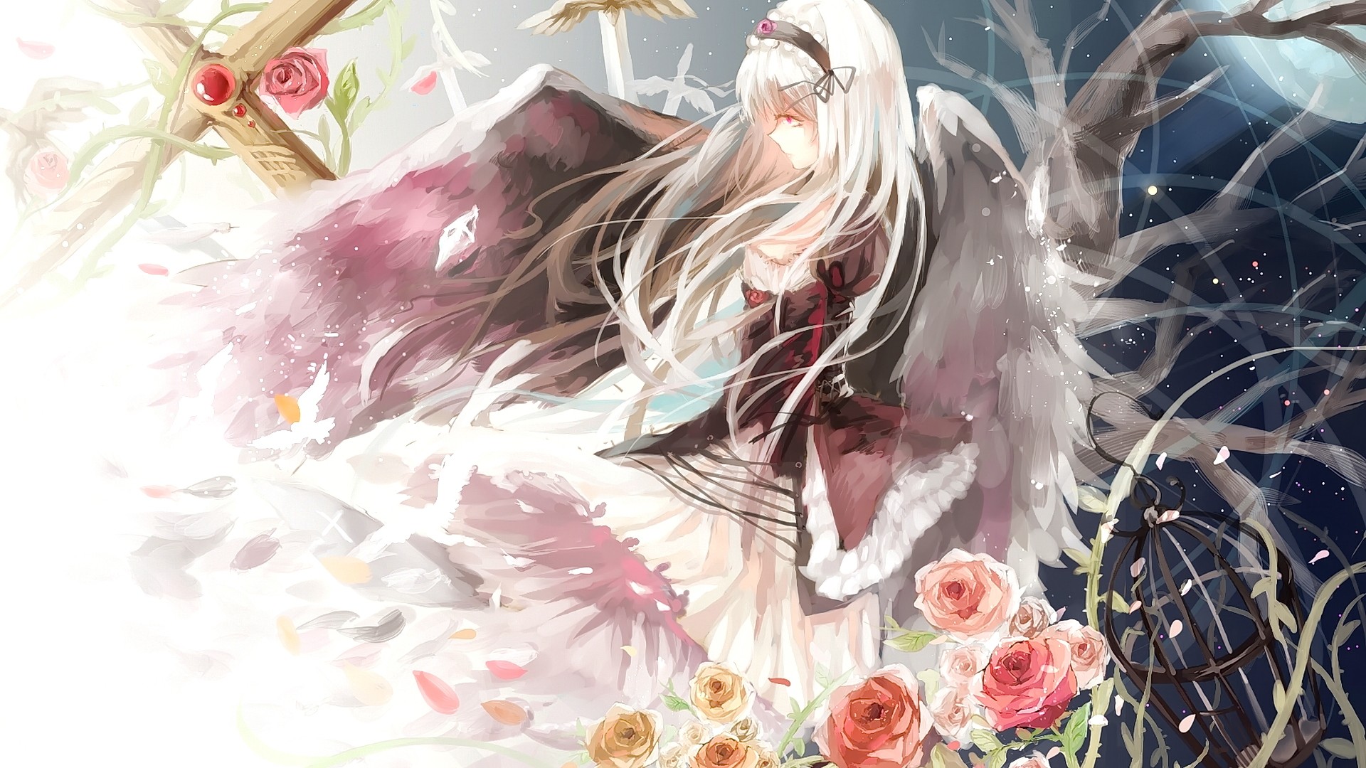 Suigintou from Rozen Maiden with roses and a birdcage HD Wallpaper
