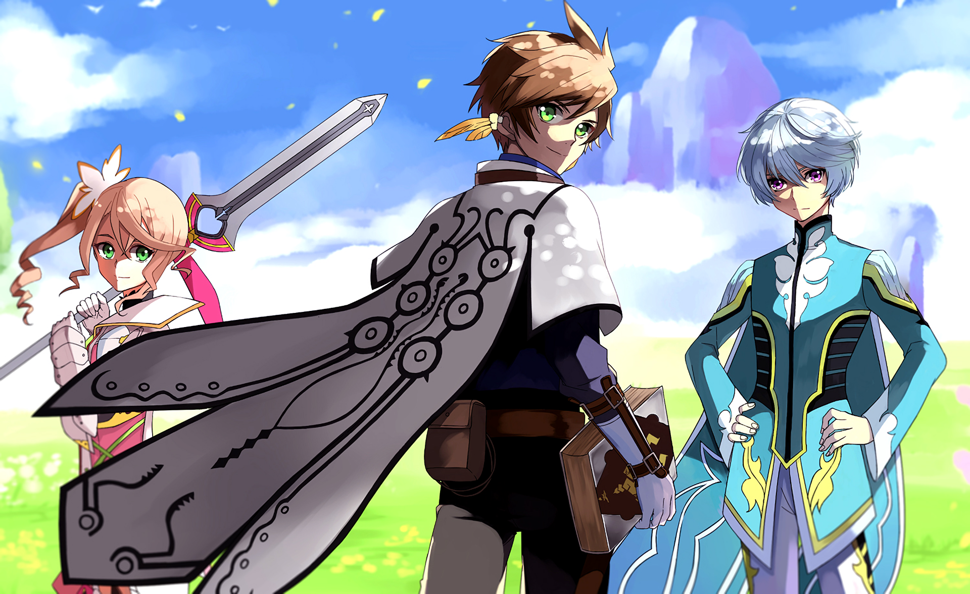 Three anime characters in a field HD Wallpaper
