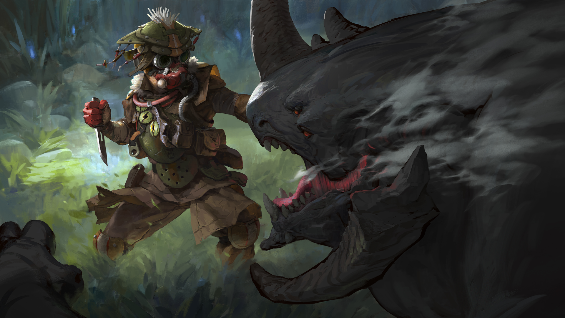 Bloodhound from Apex Legends fighting a large beast HD Wallpaper