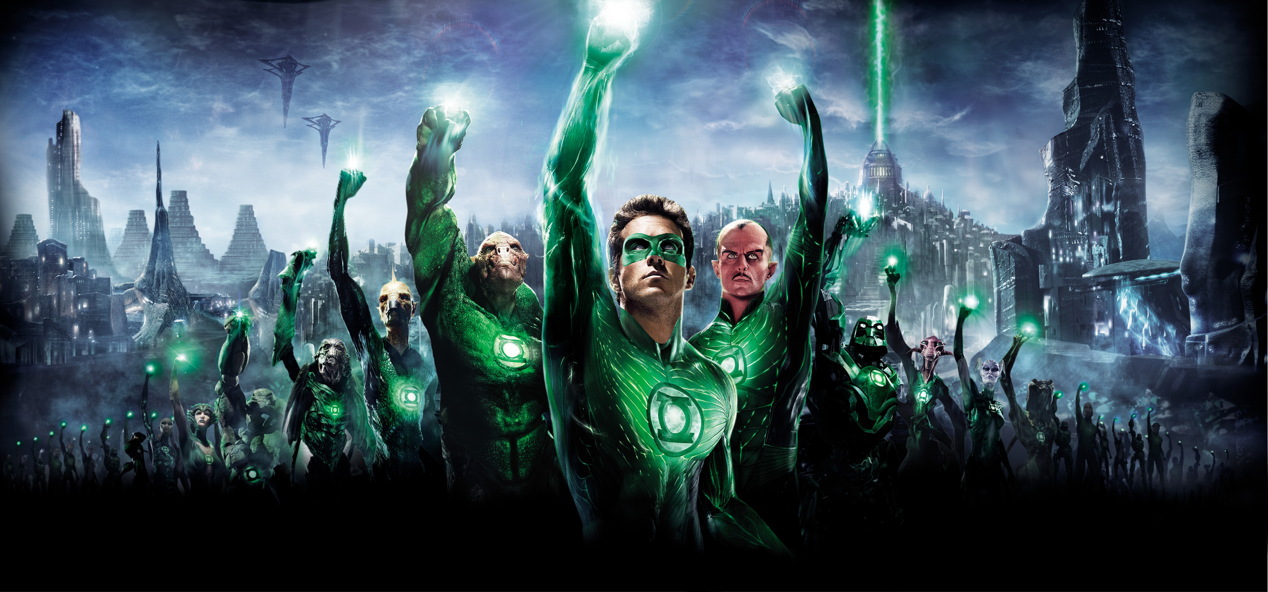 Green Lanterns raise their power rings in a futuristic city HD Wallpaper