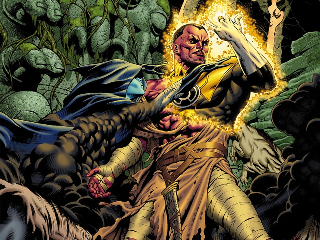 Sinestro from DC Comics fighting a blue-skinned figure HD Wallpaper