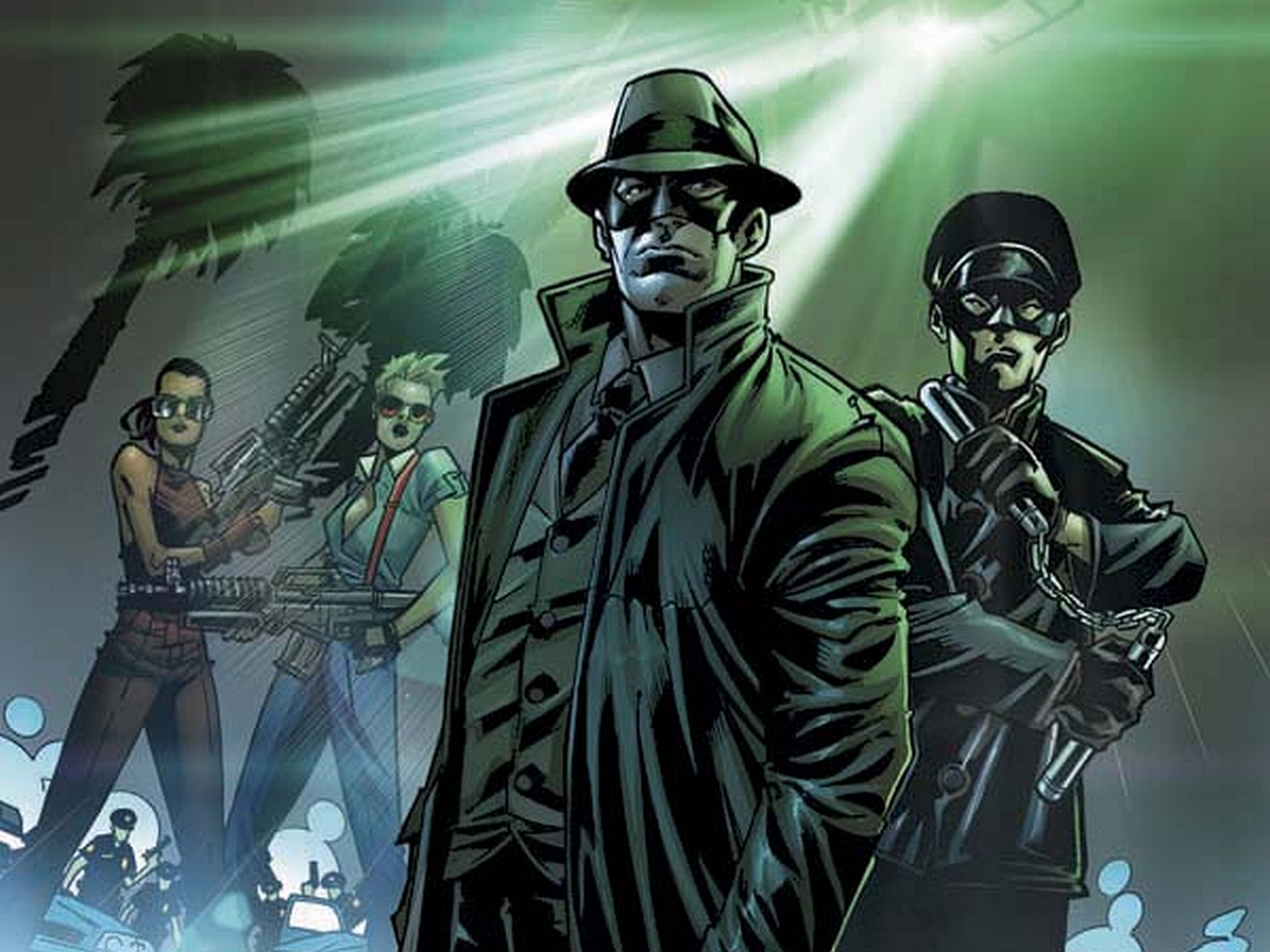 Green Hornet and allies with guns and nunchucks HD Wallpaper