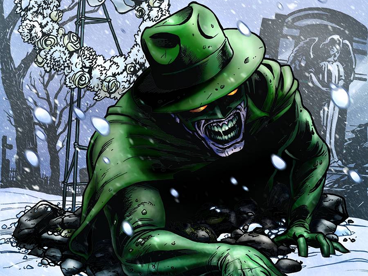 Green Hornet in a snowy graveyard HD Wallpaper