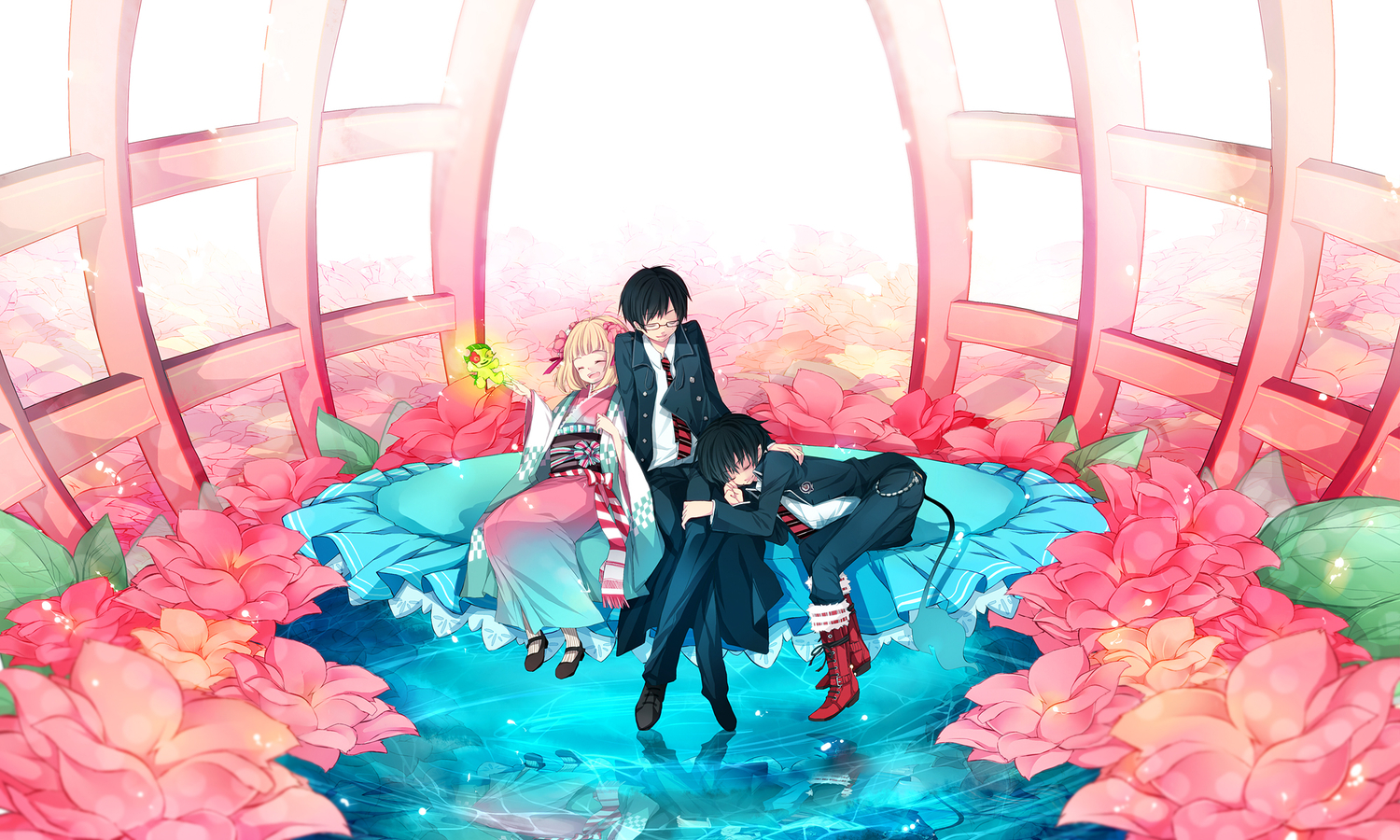 Shiemi Moriyama and friends in a floral setting HD Wallpaper