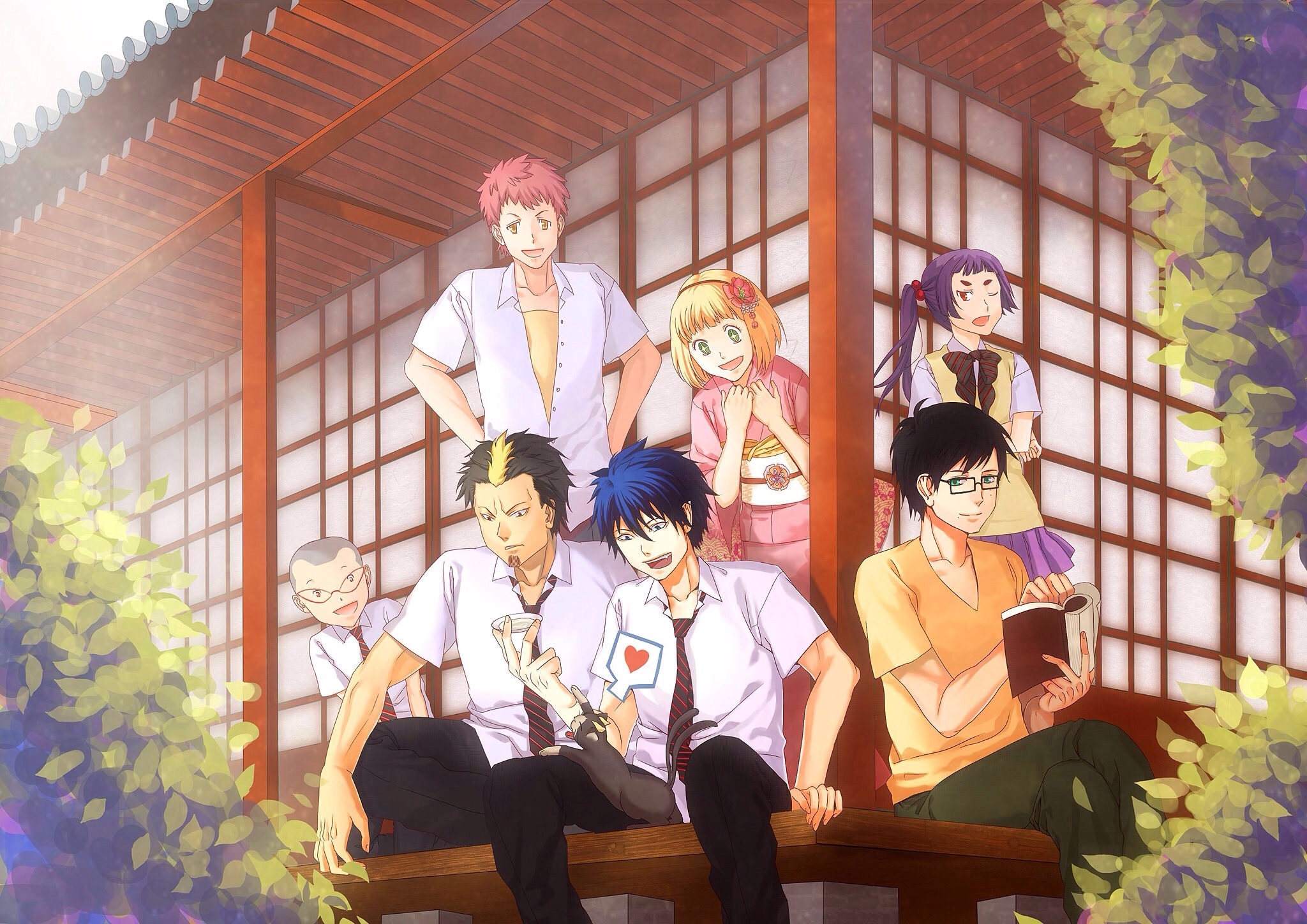 Blue Exorcist characters in traditional Japanese setting HD Wallpaper