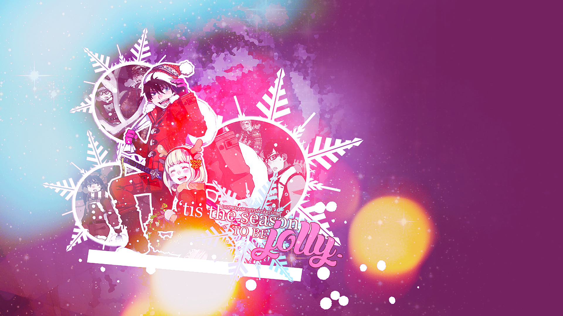 Christmas Anime Characters with Snowflakes and Text HD Wallpaper