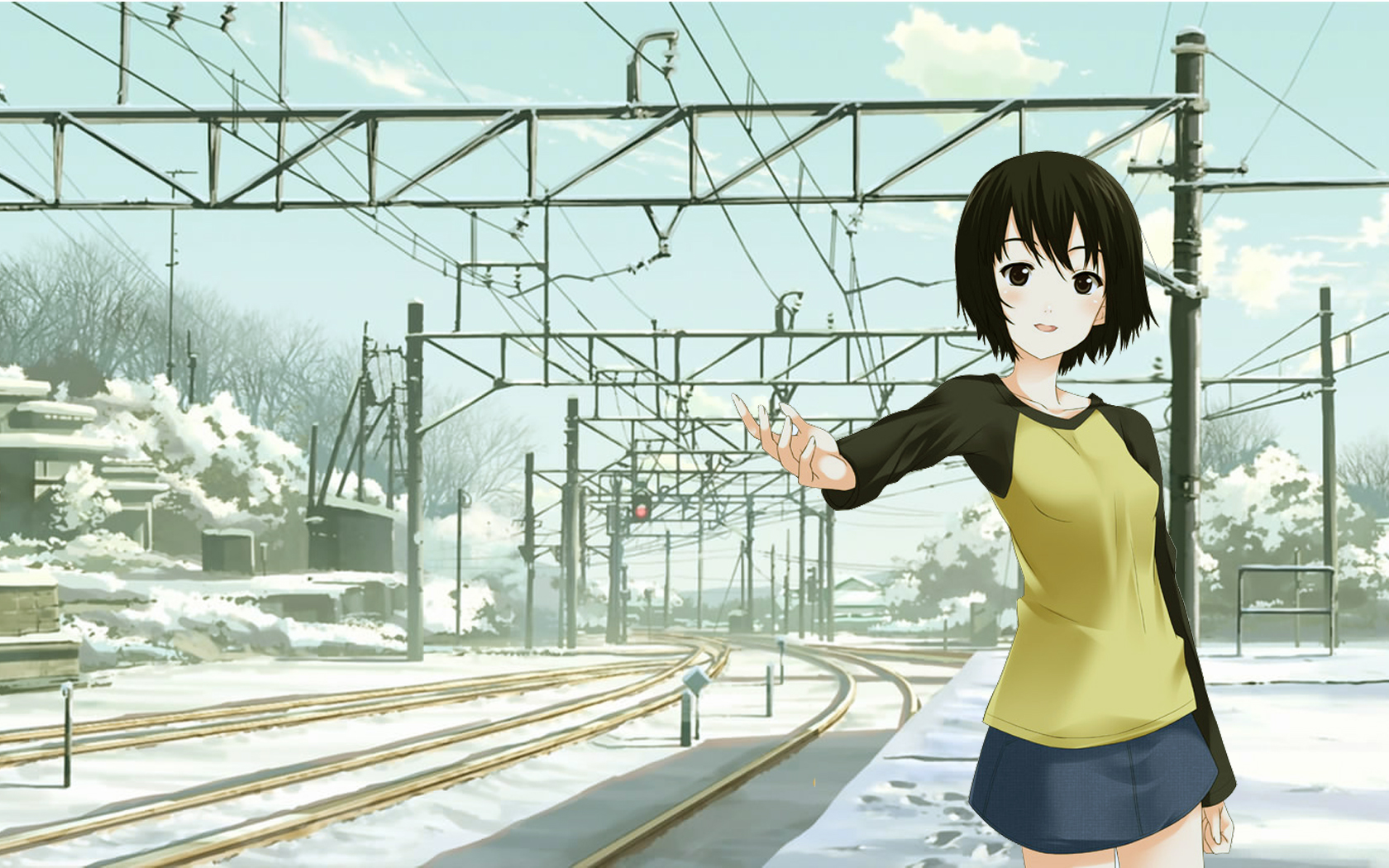 Misaki Nakahara at a Snowy Train Station HD Wallpaper