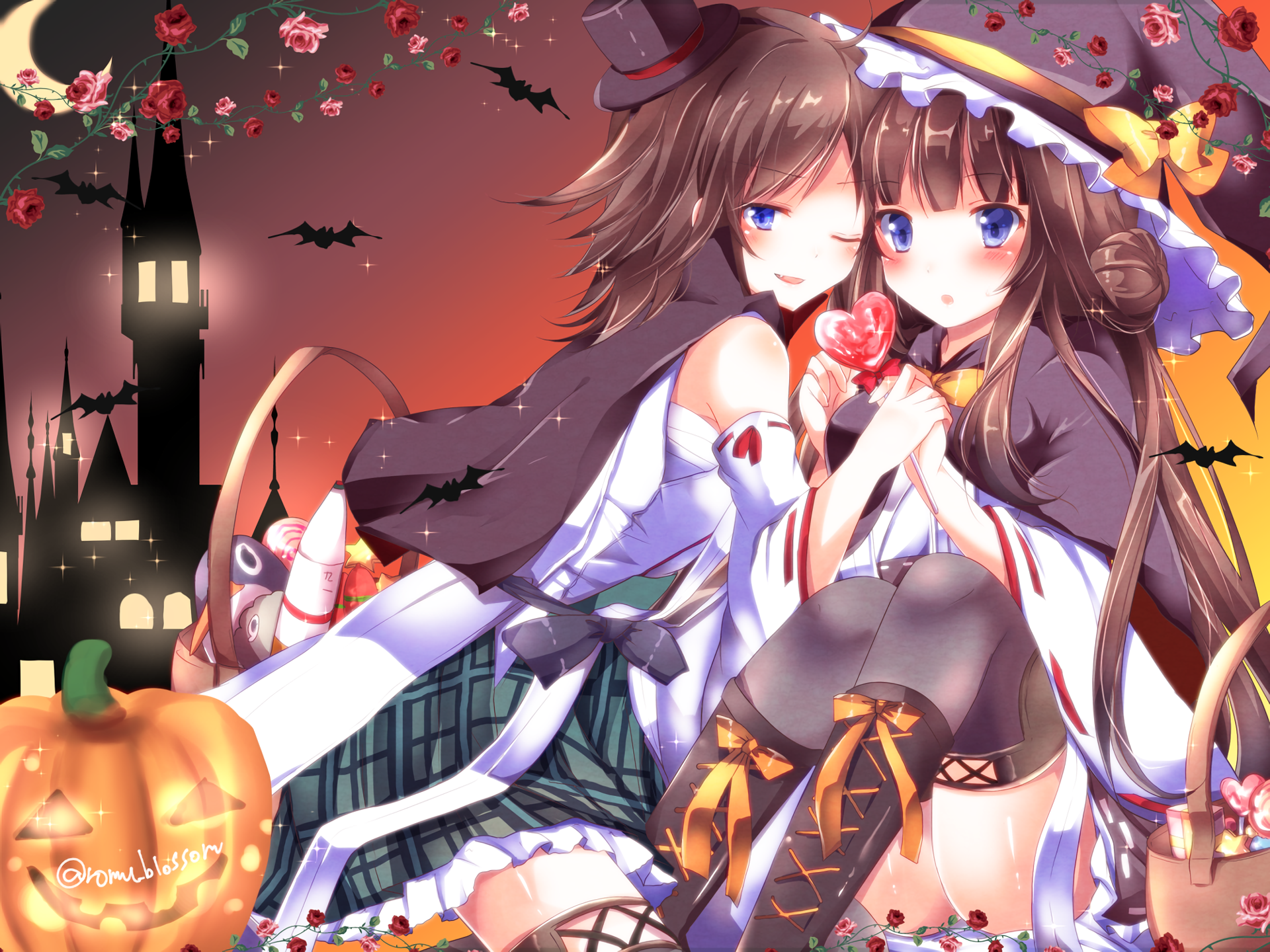 Two anime girls in Halloween costumes with a pumpkin HD Wallpaper