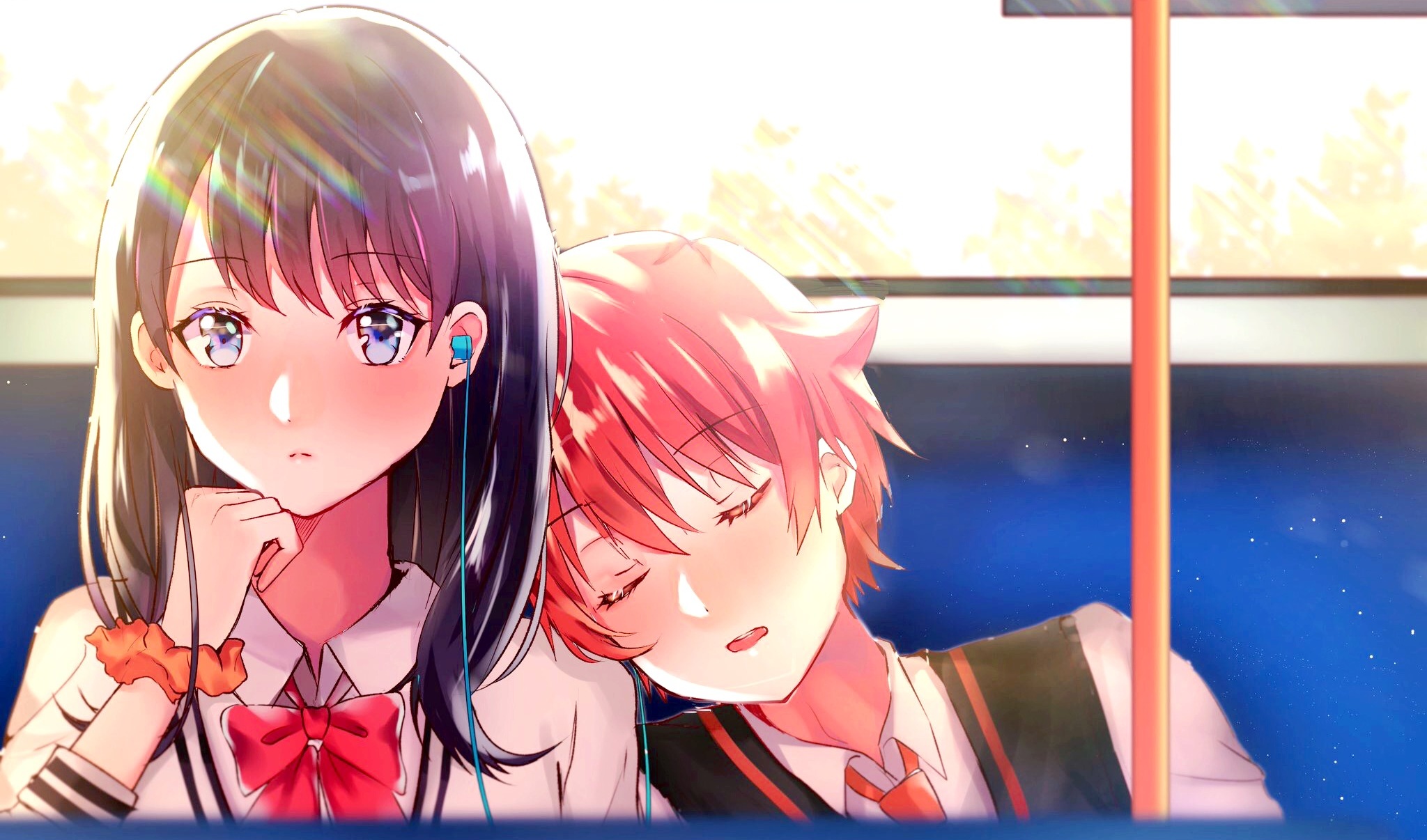 Anime couple sleeping on a bus HD Wallpaper