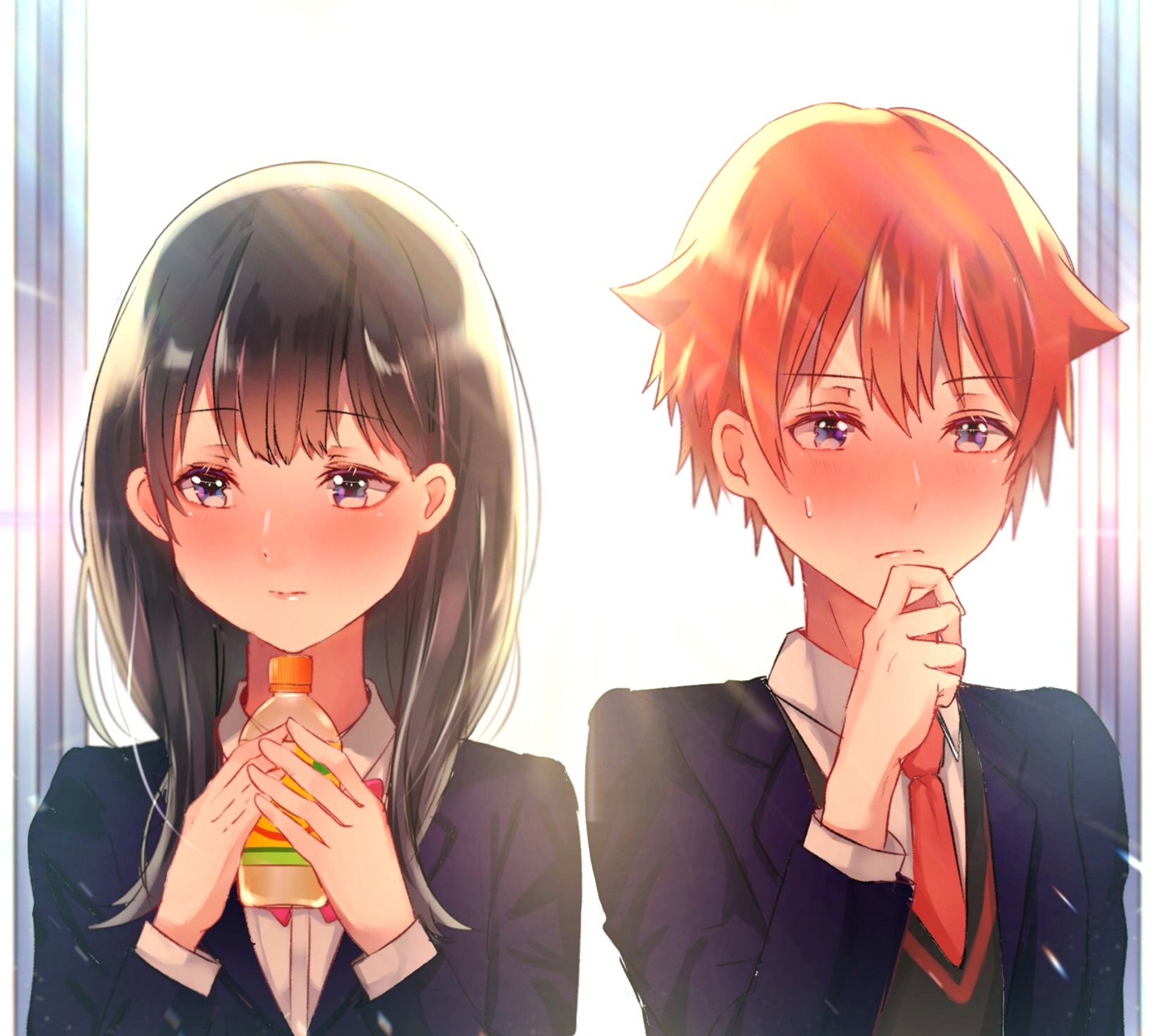 Anime girl holding a drink and shy anime boy HD Wallpaper