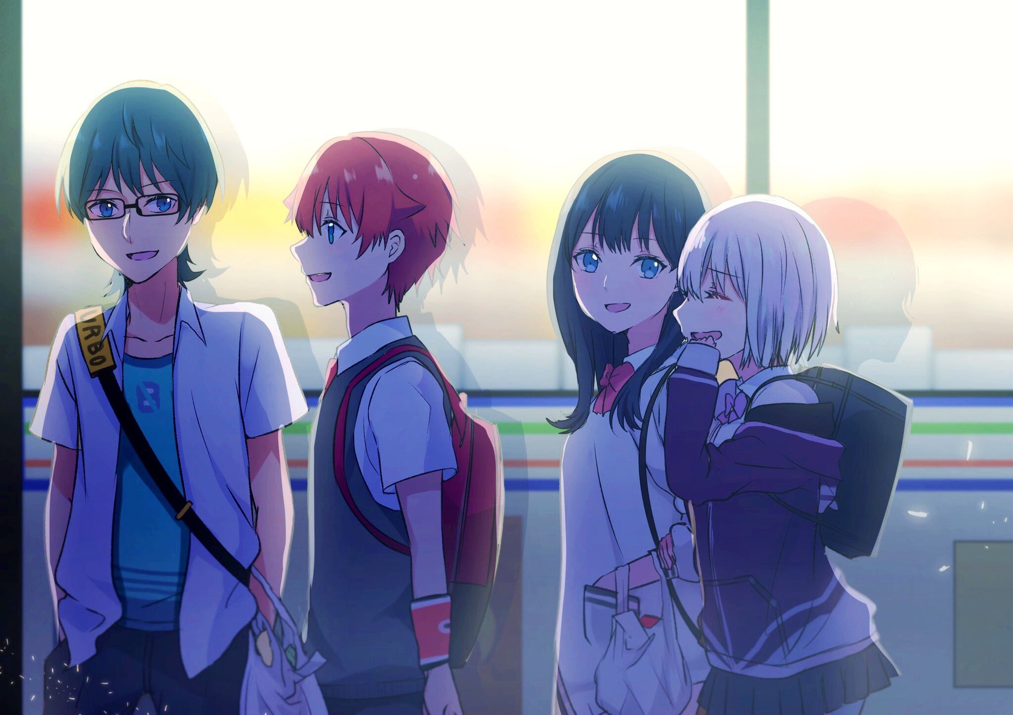 Four students with backpacks at a station HD Wallpaper