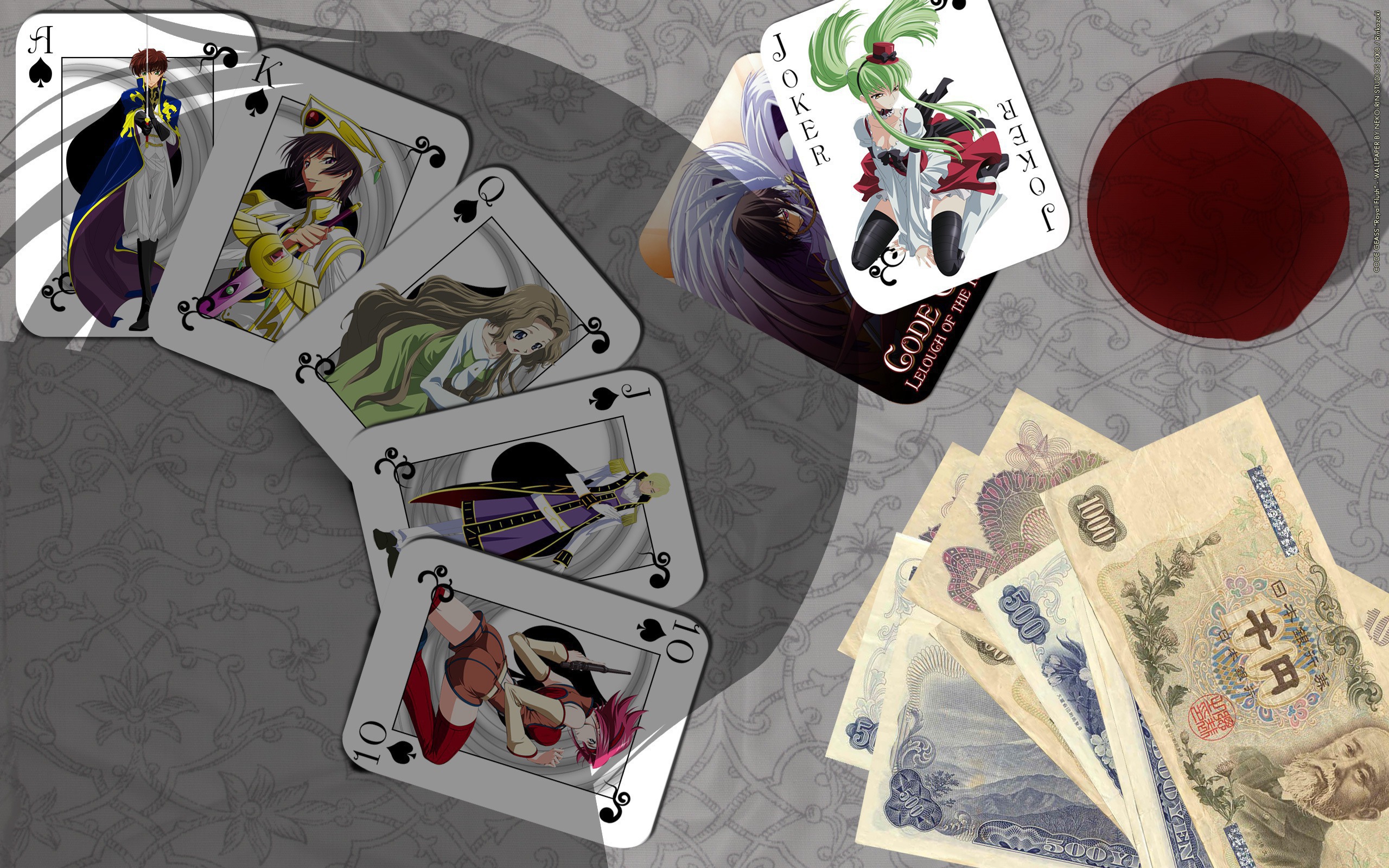 Playing cards with Code Geass characters and Japanese Yen HD Wallpaper