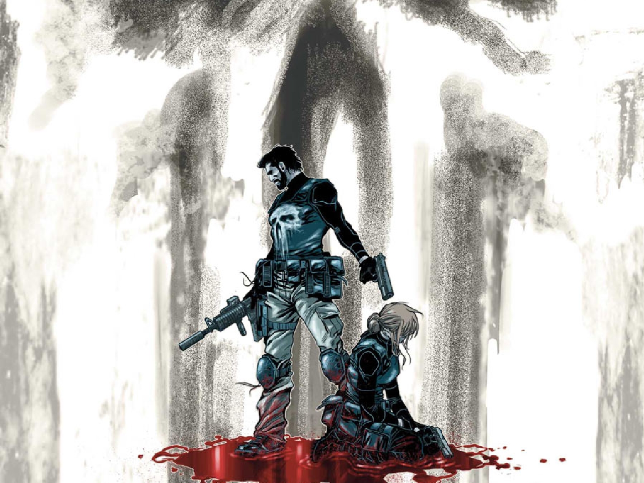 The Punisher and a kneeling woman in blood HD Wallpaper