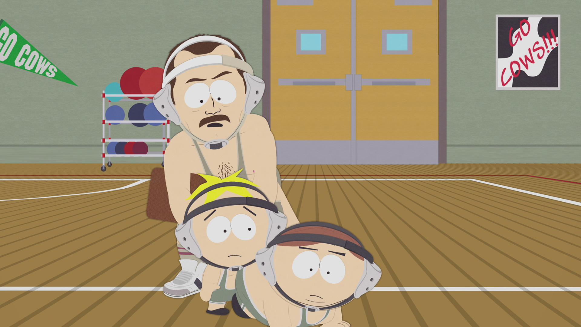 Mr. Garrison and two boys in wrestling gear HD Wallpaper