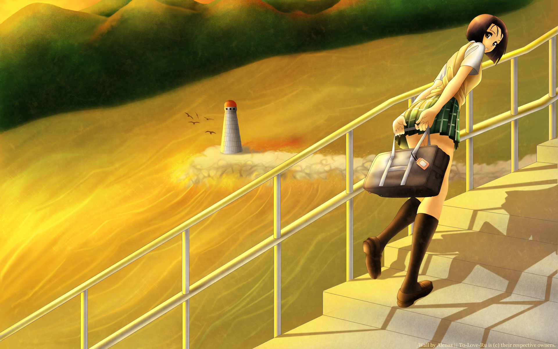 Haruna Sairenji from To Love-Ru walking up stairs HD Wallpaper