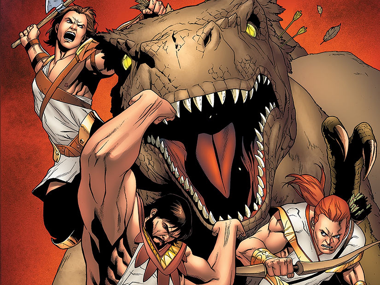 Warriors fighting a Tyrannosaurus Rex HD Wallpaper