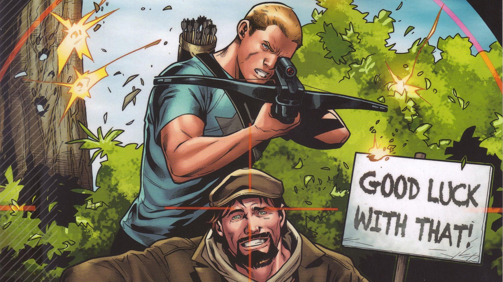 Man with crossbow aims at man with sign HD Wallpaper