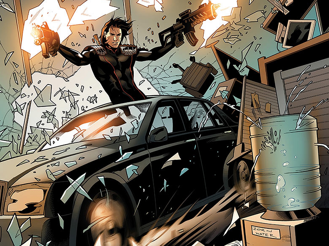 Black Widow in a car during a shootout HD Wallpaper