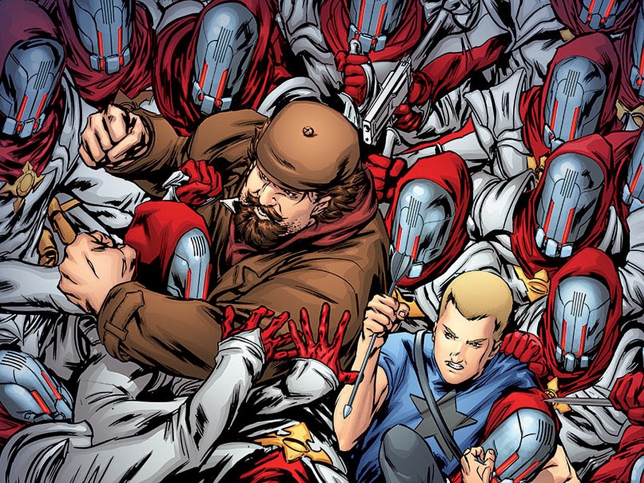 Armstrong and allies fighting robots HD Wallpaper