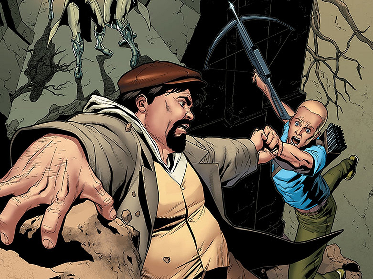 Man fighting a bald boy with a crossbow HD Wallpaper