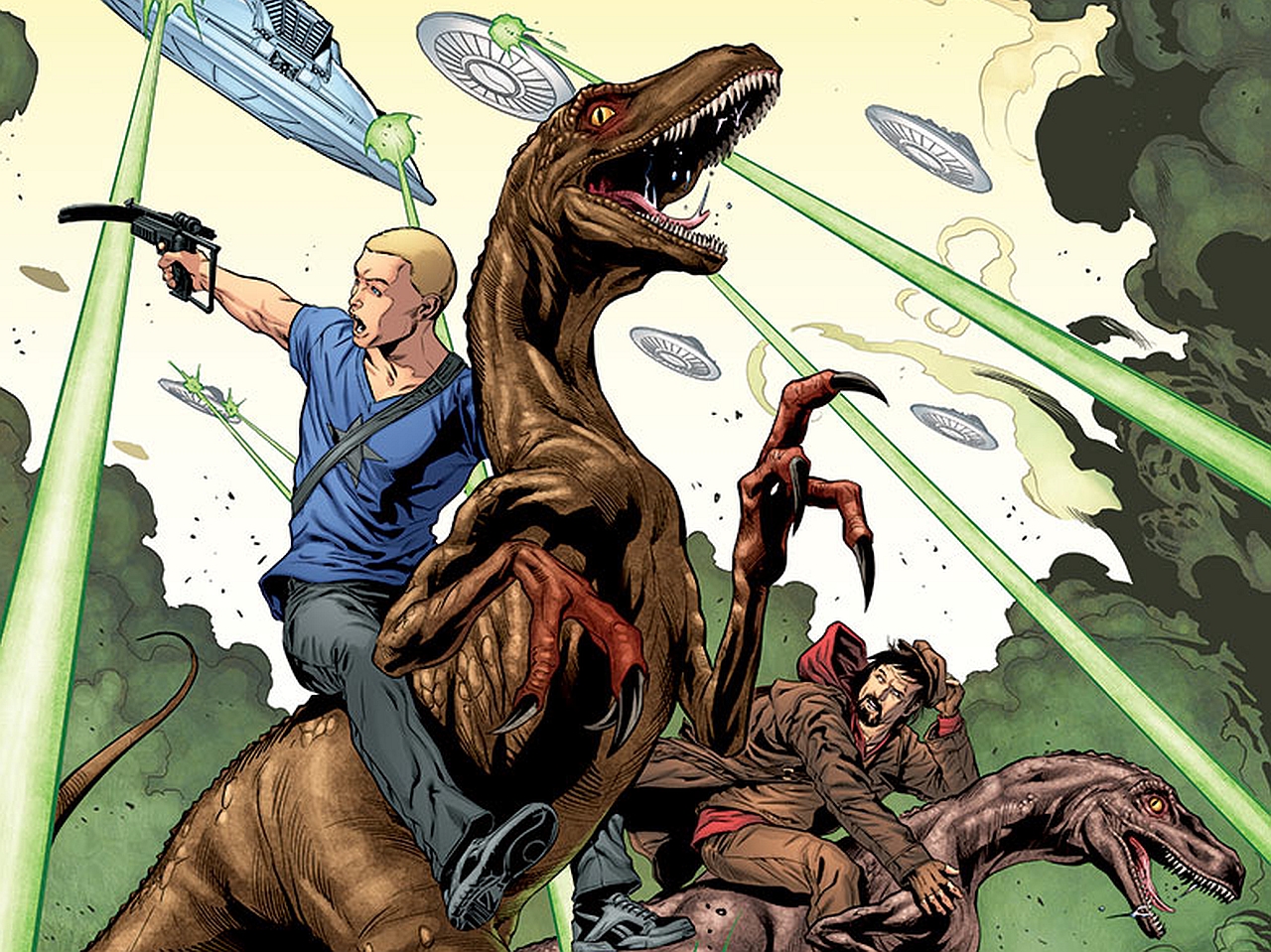 Man riding a dinosaur shooting at UFOs HD Wallpaper