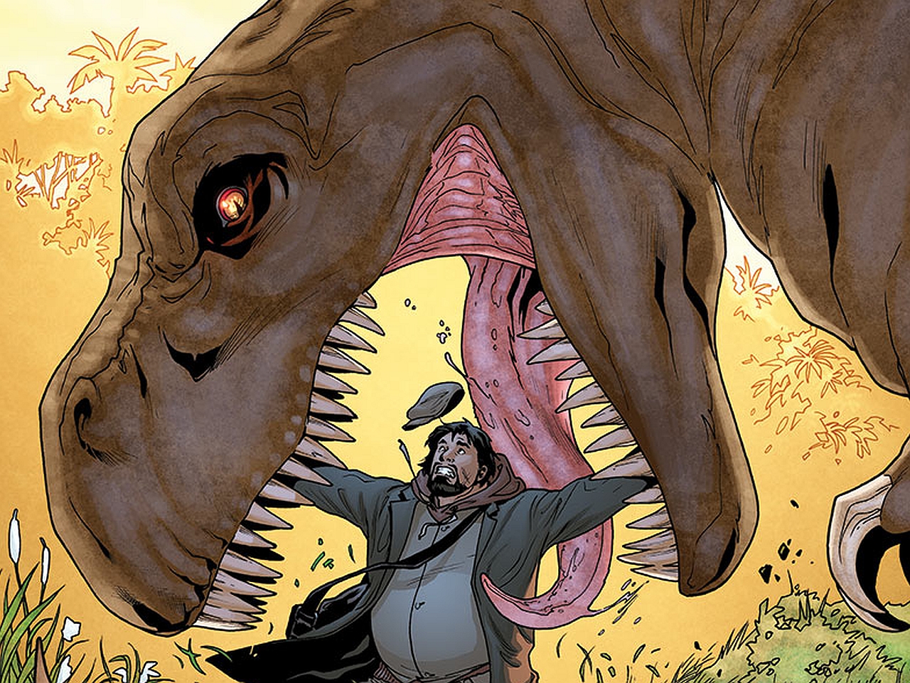 Man attacked by Tyrannosaurus Rex HD Wallpaper