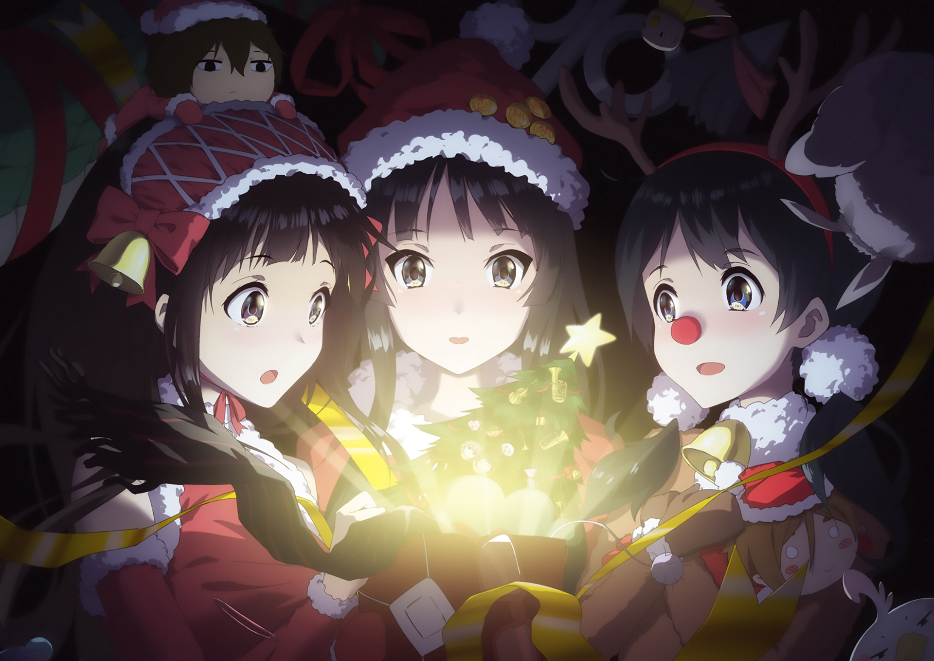 Anime girls in Christmas outfits with a Christmas tree HD Wallpaper
