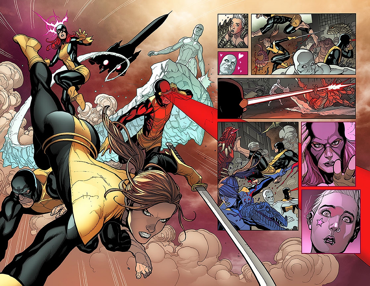 X-Men fighting enemies in a comic panel HD Wallpaper