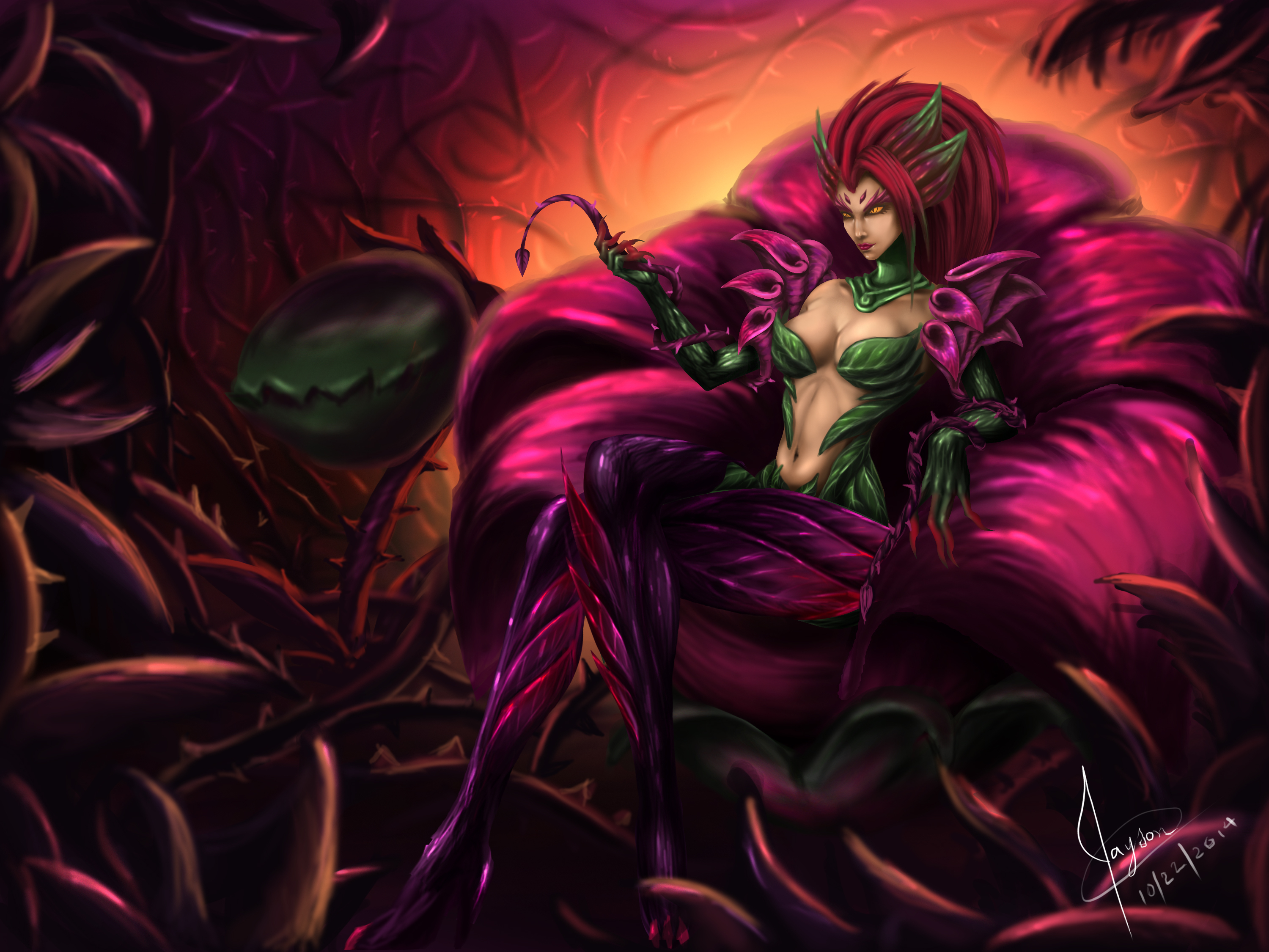 Zyra from League of Legends sitting on a flower HD Wallpaper