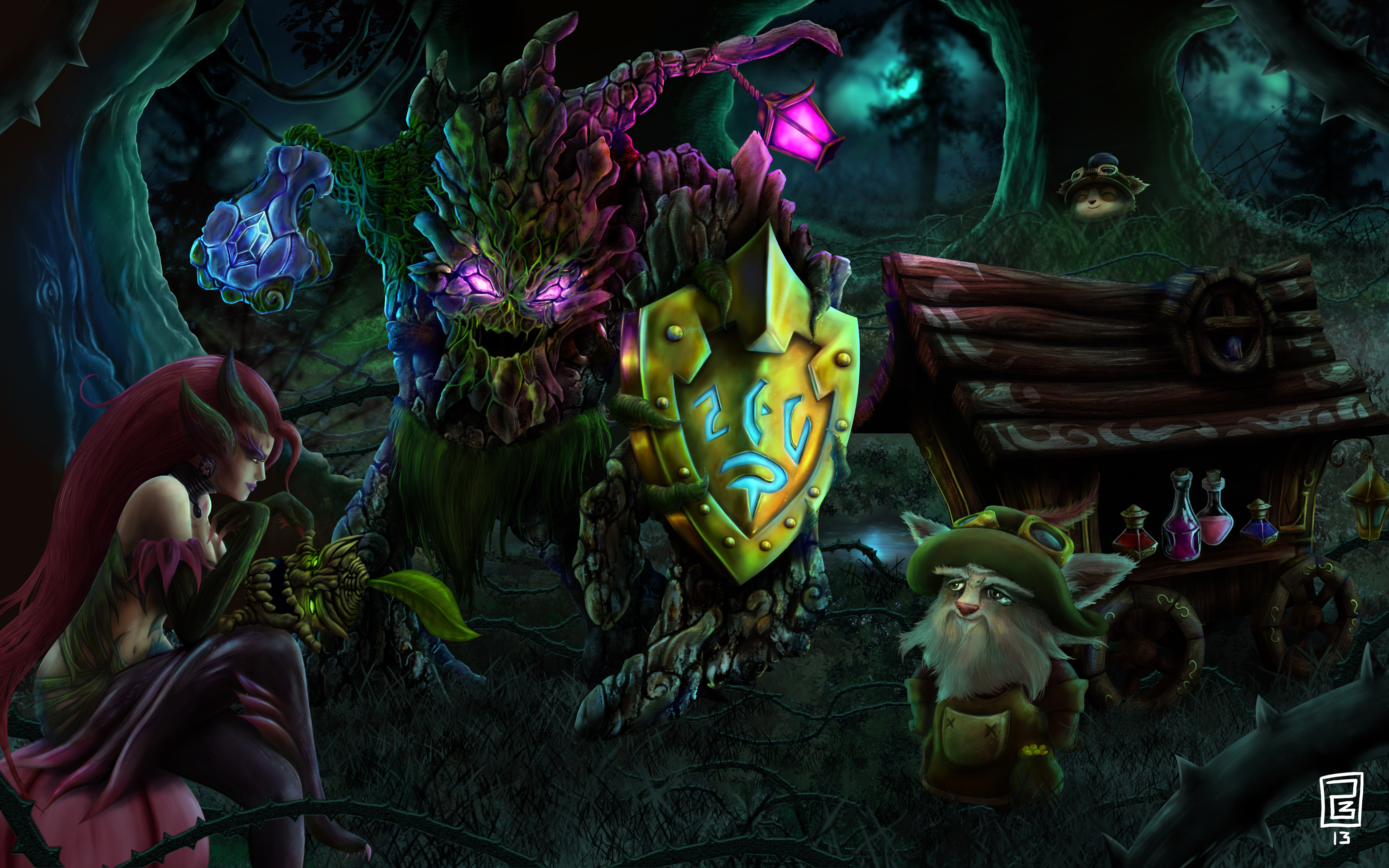 Zyra from League of Legends in a dark forest HD Wallpaper