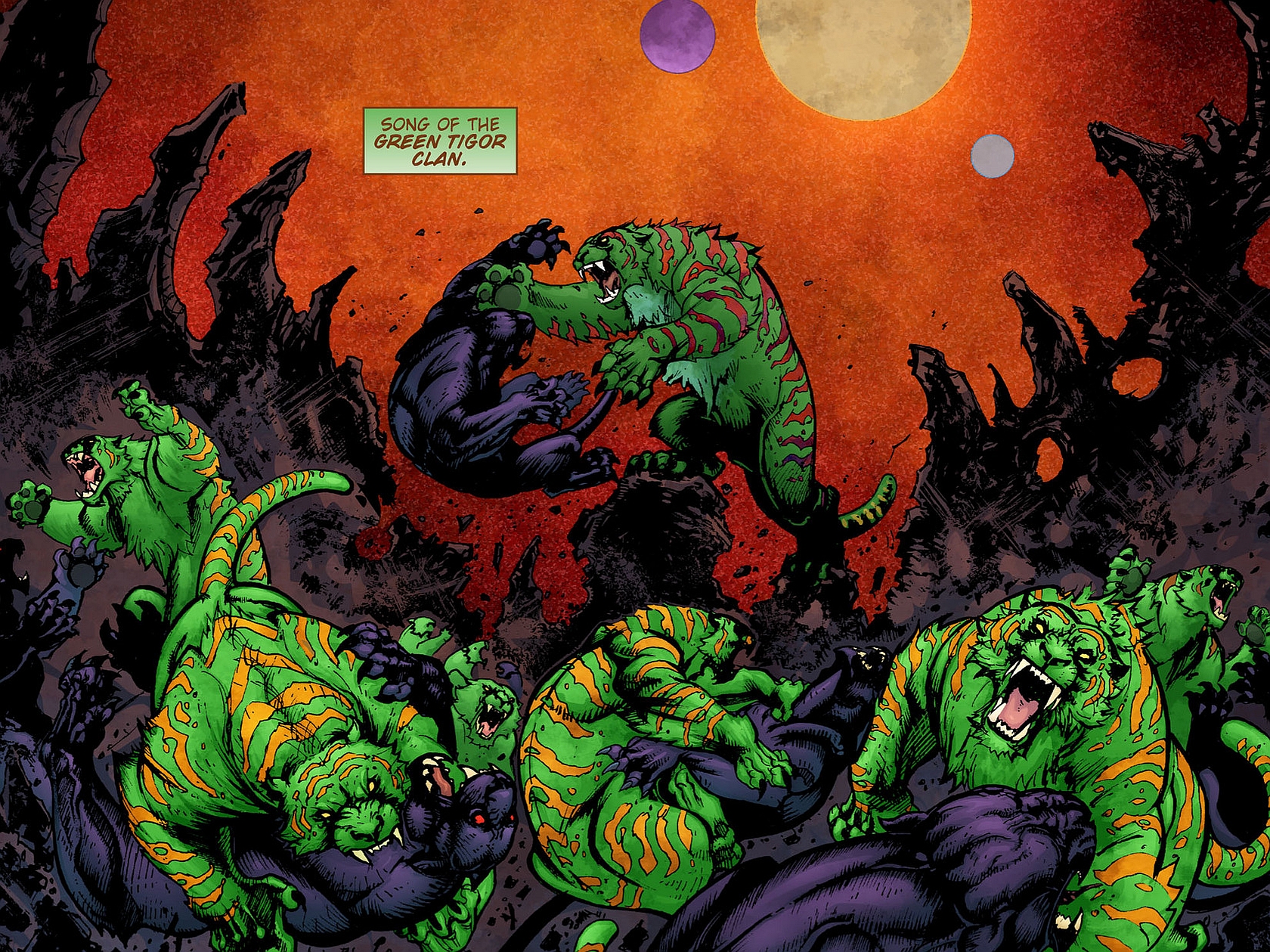 Green Tigors and Panthers fighting on a desolate planet HD Wallpaper