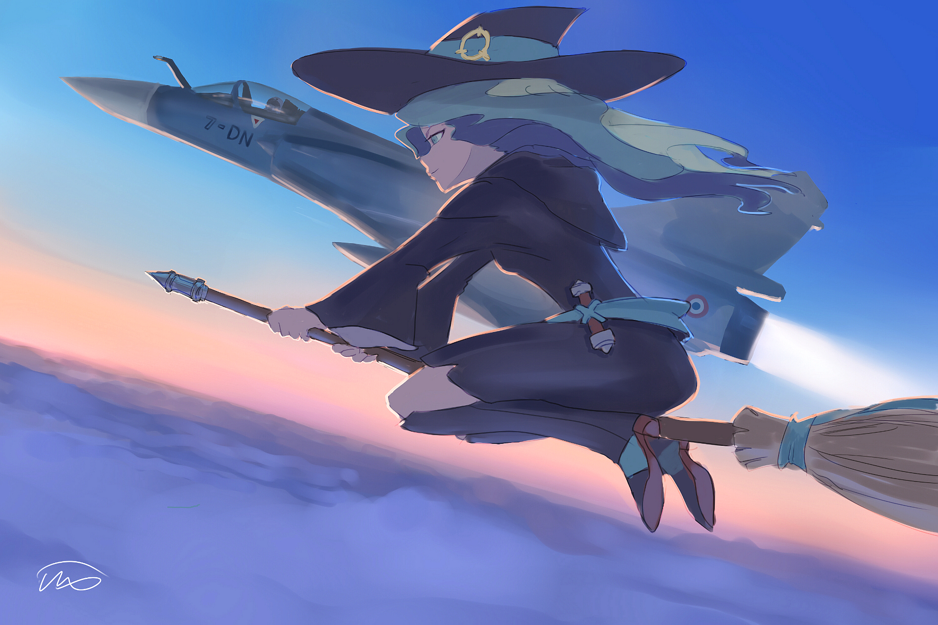 Diana Cavendish riding a broomstick with a jet fighter HD Wallpaper