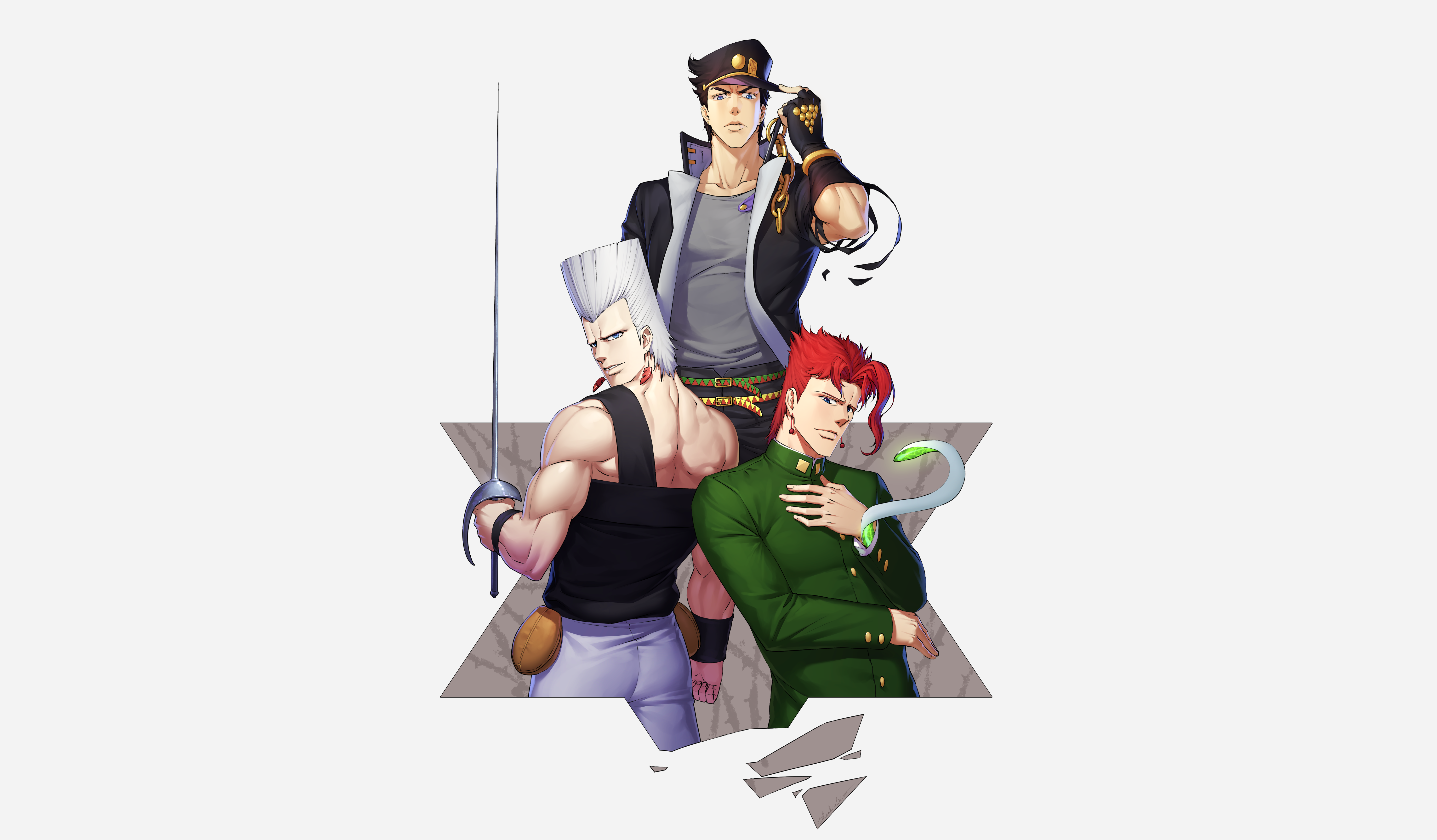 Jotaro Kujo, Jean Pierre Polnareff, and Noriaki Kakyoin from JoJo's Bizarre Adventure HD Wallpaper