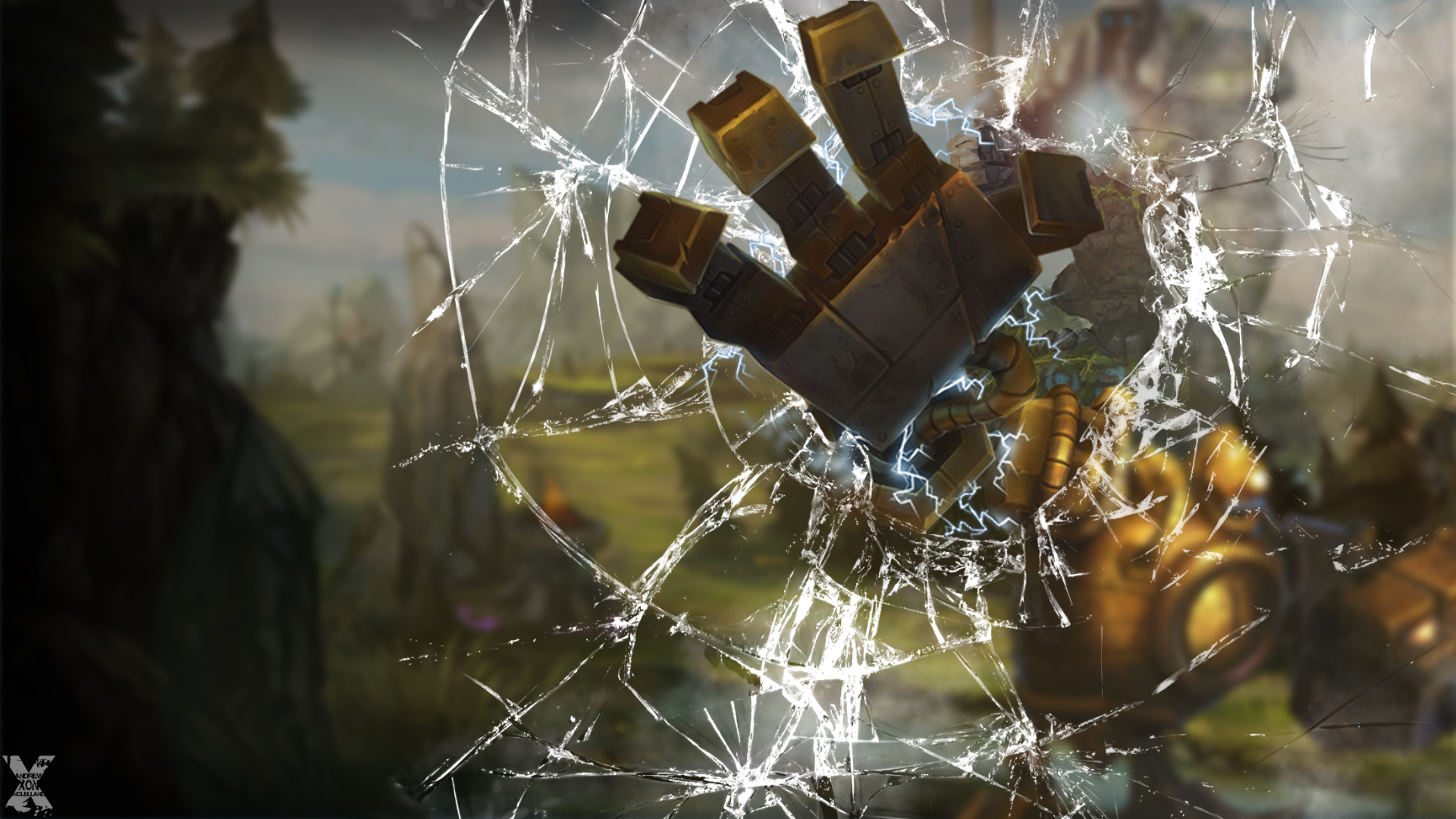 Blitzcrank from League of Legends breaking through glass HD Wallpaper