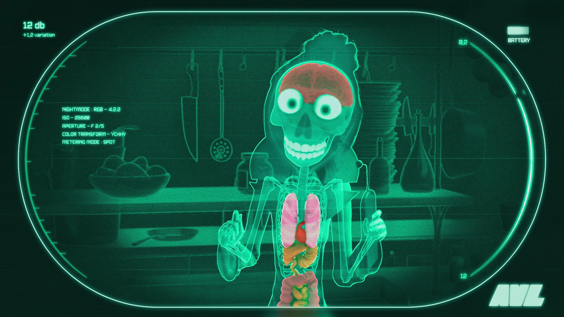 Skeleton with organs in a kitchen HD Wallpaper