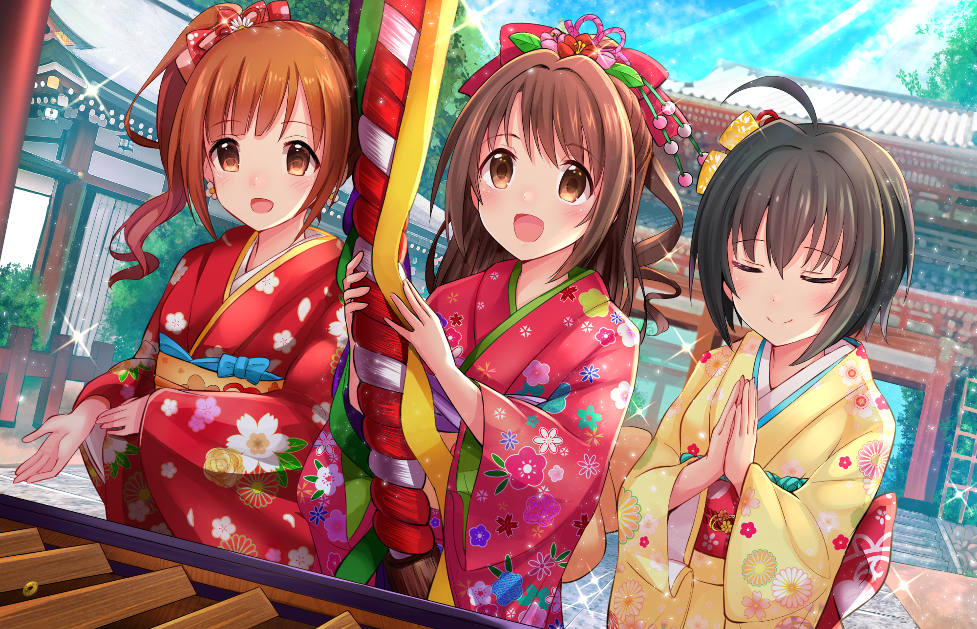 Uzuki Shimamura and friends in kimonos at a shrine HD Wallpaper