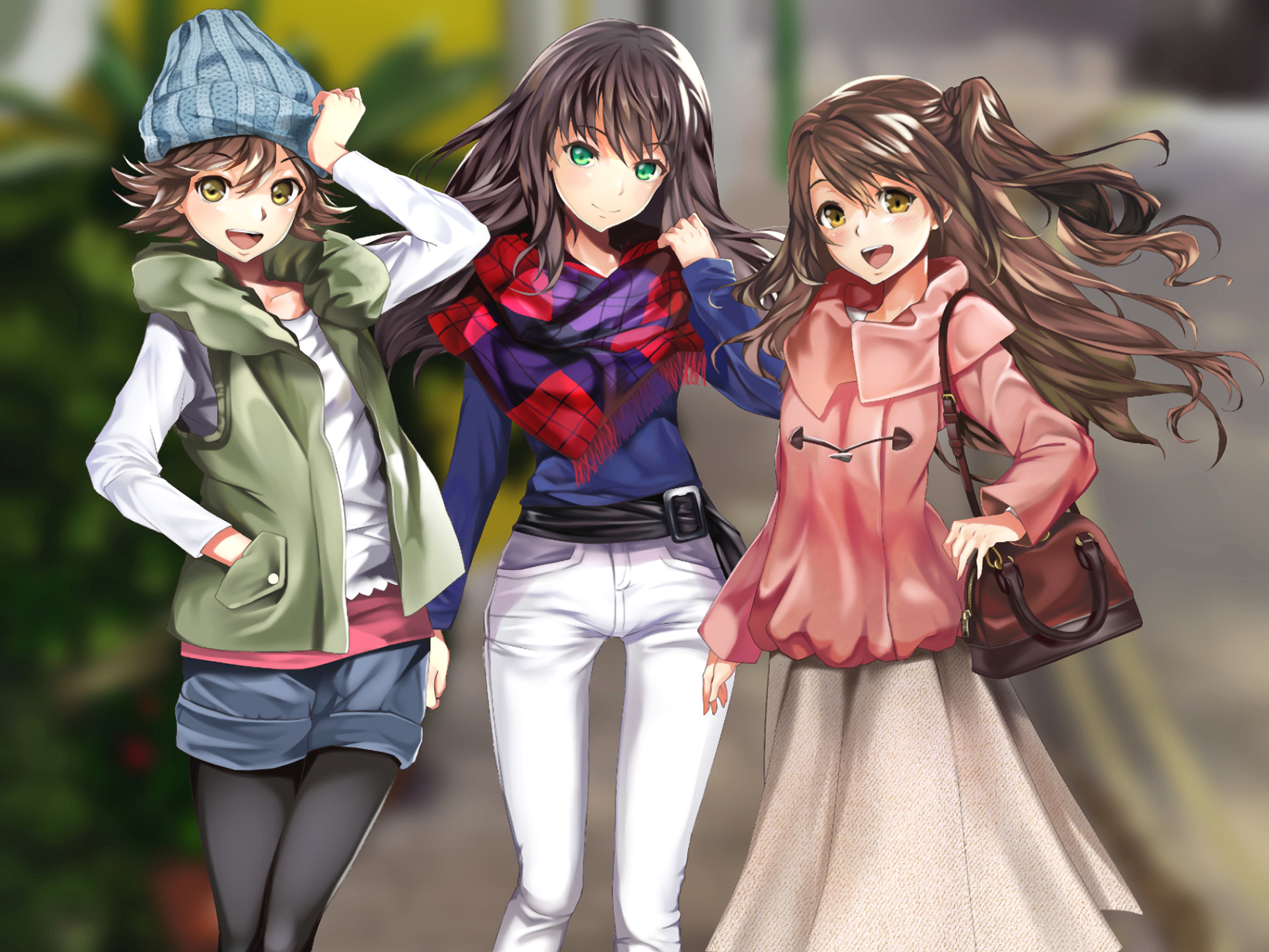 Three anime girls walking together HD Wallpaper